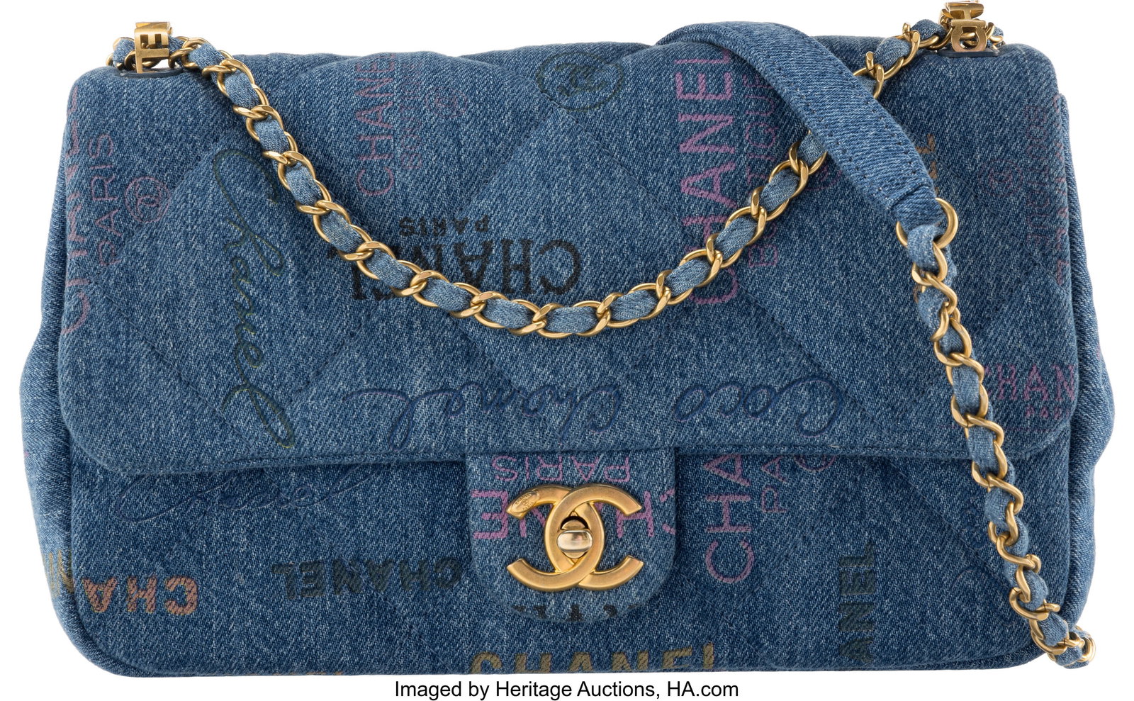 Chanel Blue Quilted Printed Denim Mood Medium Fl: Chanel Blue Quilted Printed Denim Mood Medium Flap Bag with Brushed Gold Hardware Summer 2022 Condition: 2 10" Width x 6" Height x 2.5" Depth This bag is done in Printed Denim with Brushe