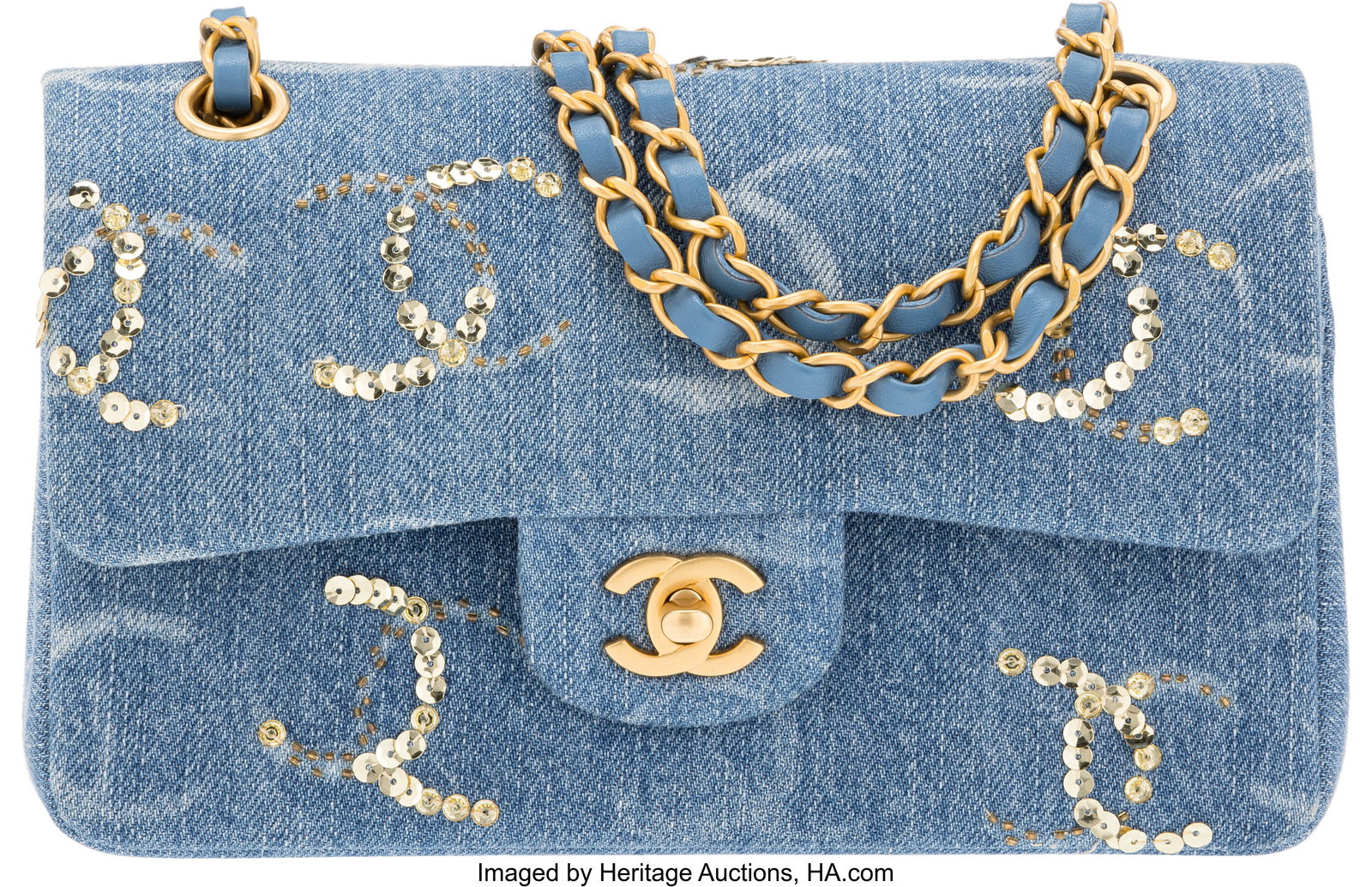 Chanel Blue Denim Sequin CC Printed Small Classi: Chanel Blue Denim Sequin CC Printed Small Classic Double Flap Bag with Brushed Gold Hardware Fall/Winter 2023 Condition: 2 9" Width x 6" Height x 2.75" Depth This bag is done in Blue 