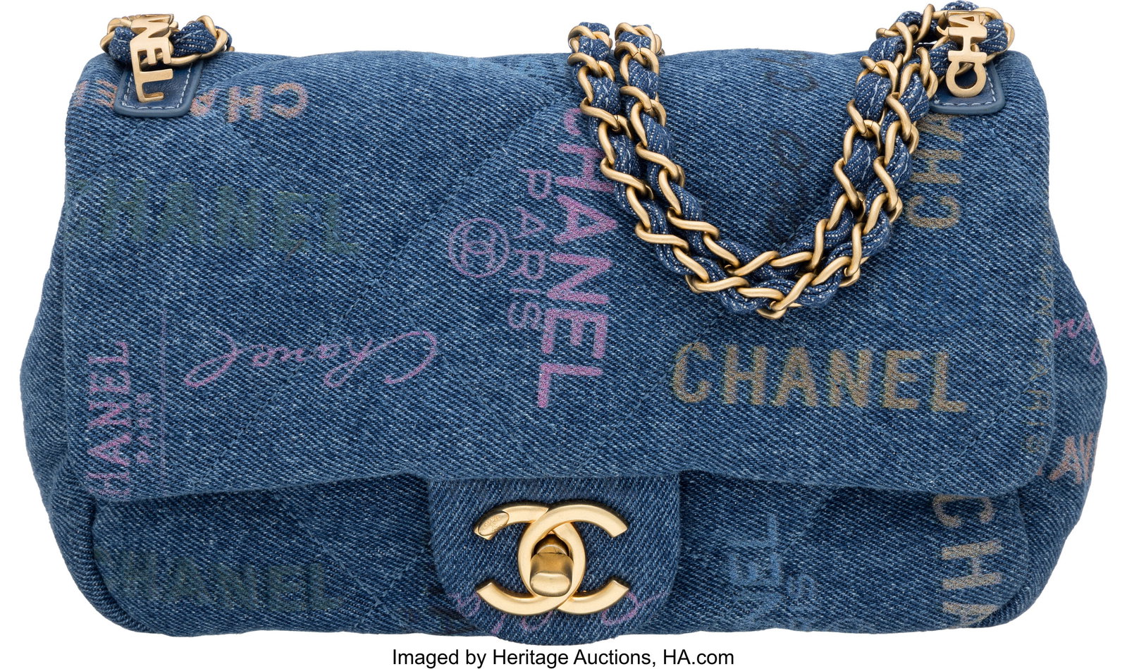 Chanel Blue Quilted Printed Denim Mood Small Fla: Chanel Blue Quilted Printed Denim Mood Small Flap Bag with Brushed Gold Hardware Summer 2022 Condition: 2 8.25" Width x 5.75" Height x 3" Depth This bag is done in Printed Denim wi