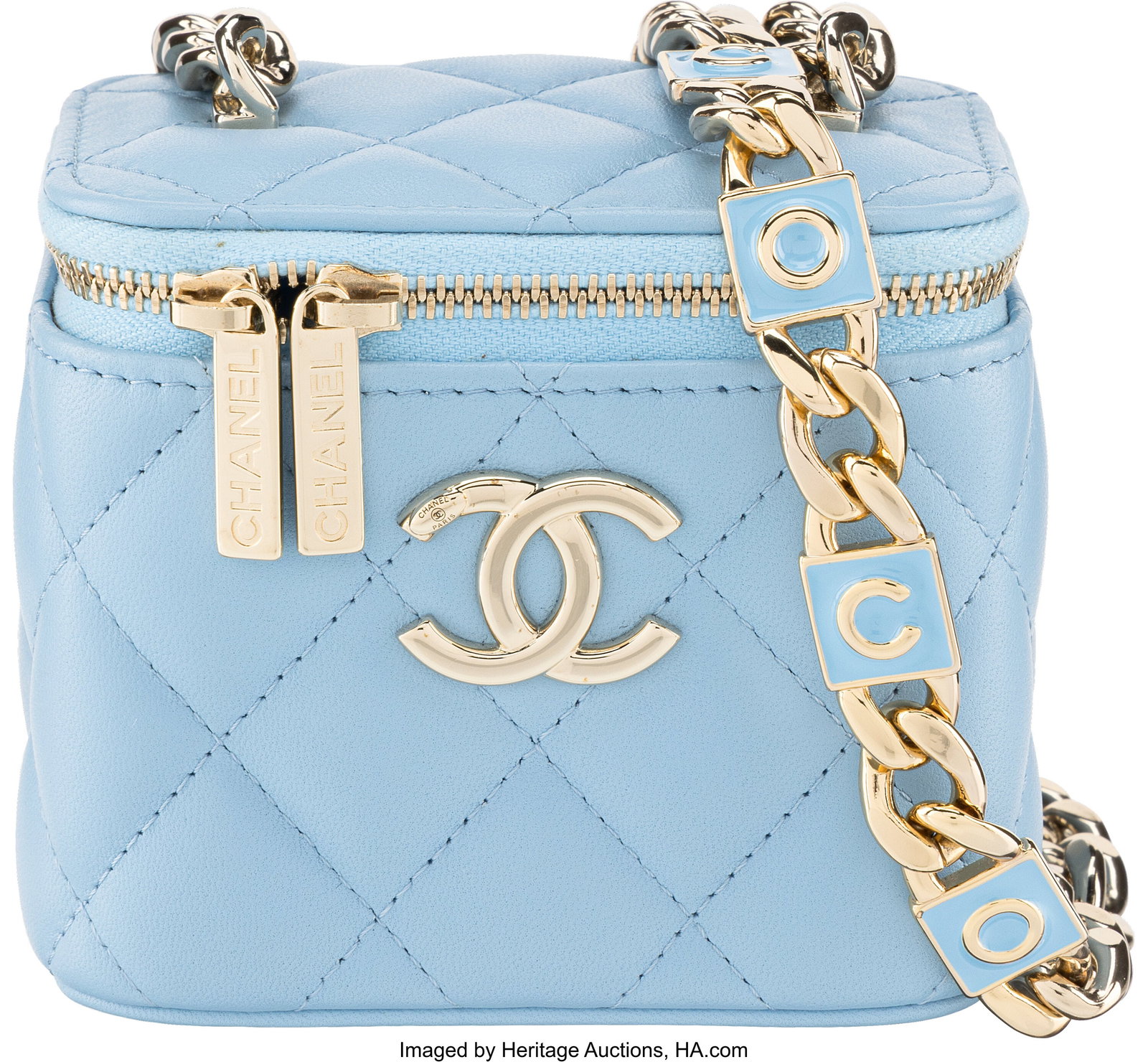 Chanel Light Blue Quilted Lambskin Leather Mini : Chanel Light Blue Quilted Lambskin Leather Mini Vanity Case with Light Gold Hardware 2021 Condition: 1 3.75" Width x 3" Height x 3" Depth This bag is done in Light Blue Lambskin Leather w