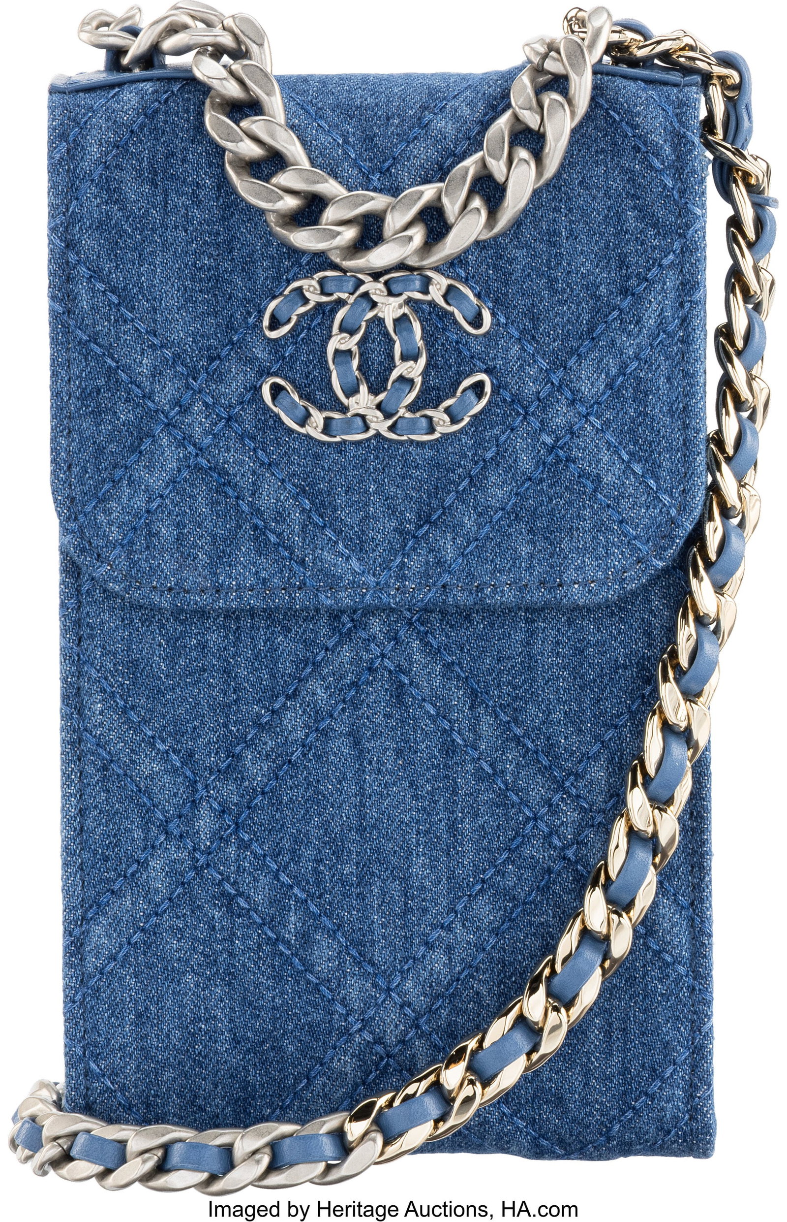 Chanel Blue Quilted Denim 19 Phone Holder On Cha: Chanel Blue Quilted Denim 19 Phone Holder On Chain with Brushed Silver & Gold Hardware 2021 Condition: 1 4" Width x 7" Height x 1" Depth This bag is done in Blue Denim with Brushed Silver&co