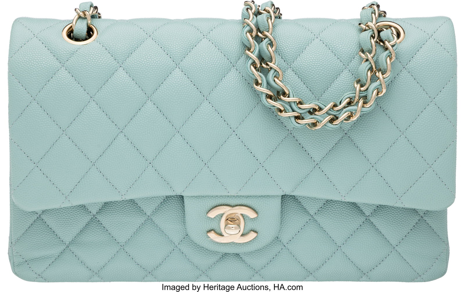 Chanel Aqua Blue Quilted Caviar Leather Medium C: Chanel Aqua Blue Quilted Caviar Leather Medium Classic Double Flap Bag with Light Gold Hardware 2019 Condition: 1 10" Width x 6" Height x 2.5" Depth This bag is done in Aqua Blue Caviar L