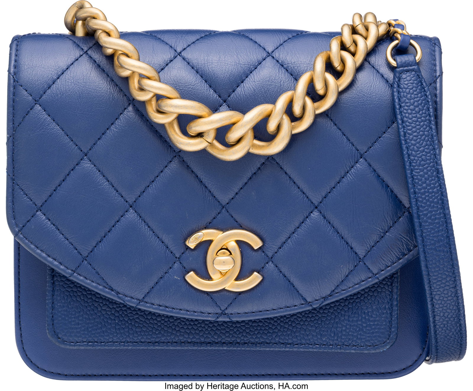 Chanel Blue Quilted Calfskin & Caviar Leather Mi: Chanel Blue Quilted Calfskin & Caviar Leather Mini Chain Flap Bag with Brushed Gold Hardware 2019-2020 Condition: 2 7.25" Width x 6" Height x 1.5" Depth This bag is done in Blu
