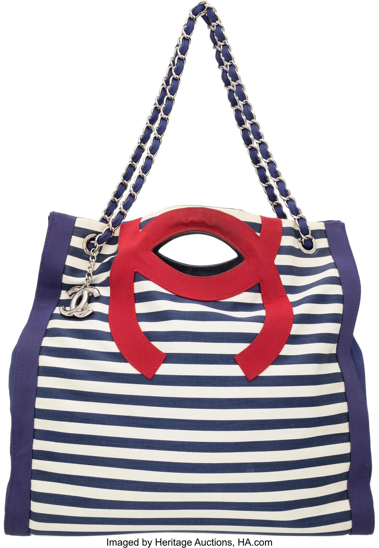 Chanel Blue & Red Striped Mariniere Large Chain : Chanel Blue & Red Striped Mariniere Large Chain Tote with Silver Hardware 2009-2010 Condition: 3 15.5" Width x 16" Height x 7" Depth This bag is done in Red, Blue, and Whi