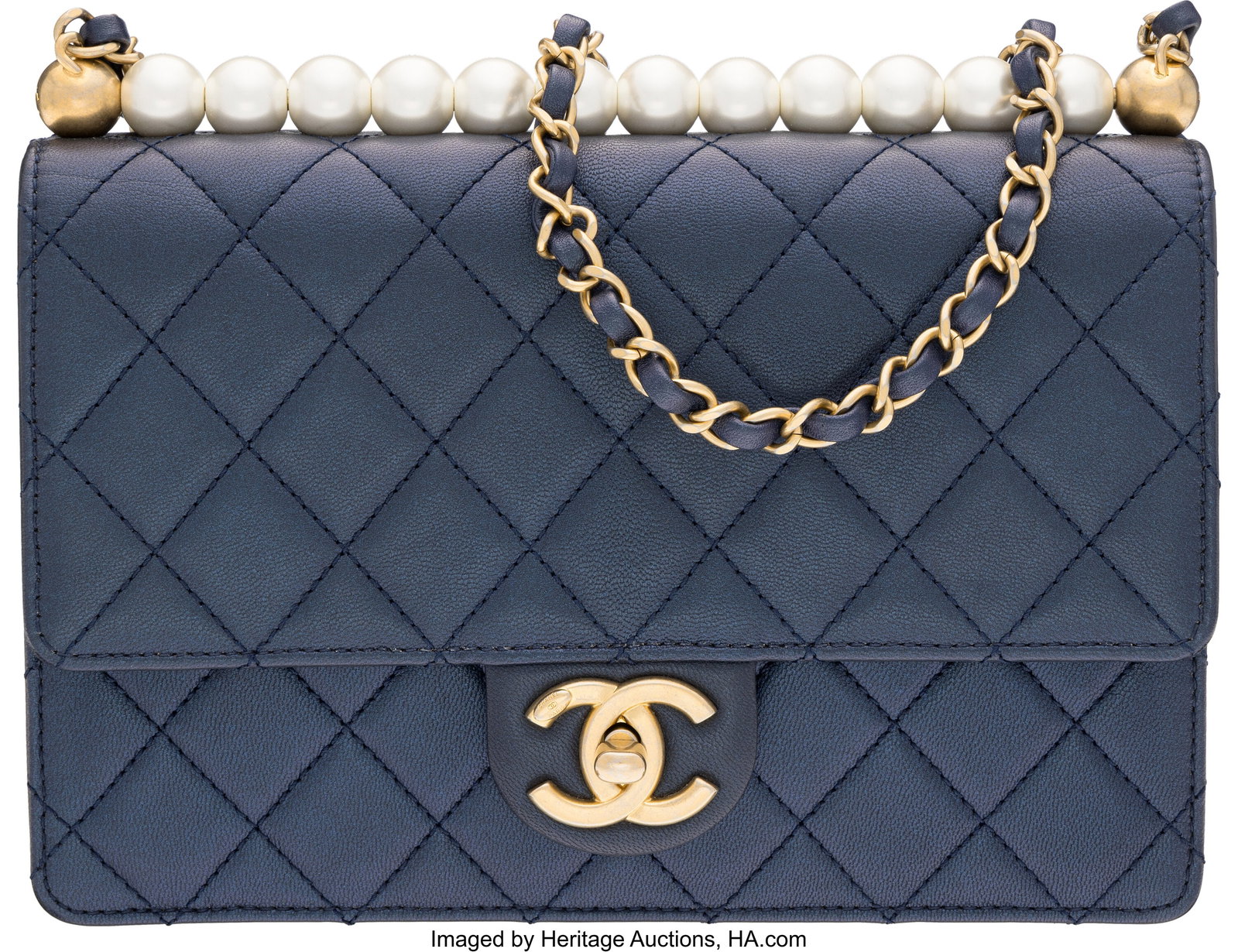 Chanel Metallic Navy Blue Quilted Leather Chic P: Chanel Metallic Navy Blue Quilted Leather Chic Pearls Medium Flap Bag with Brushed Gold Hardware 2019 Condition: 2 8.5" Width x 5.75" Height x 1.75" Depth This bag is done i