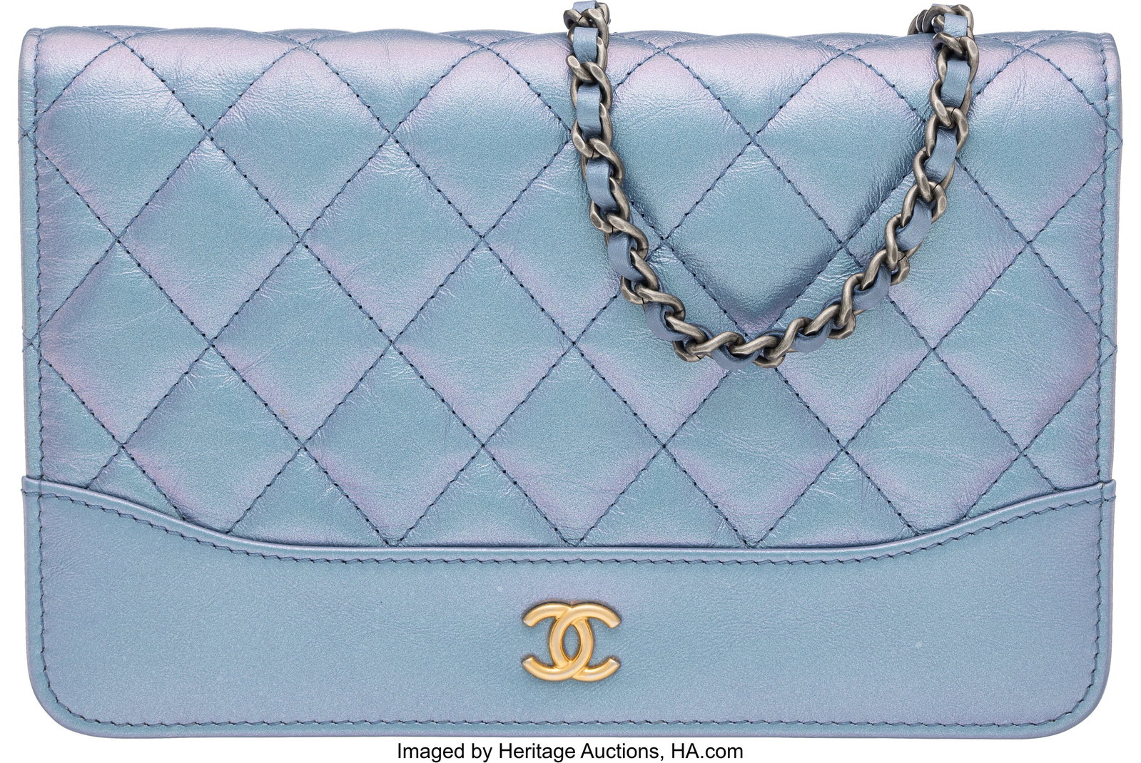 Chanel Iridescent Blue Quilted Calfskin Leather : Chanel Iridescent Blue Quilted Calfskin Leather Gabrielle Wallet On Chain with Aged Gold & Ruthenium Hardware 2019 Condition: 2 7.5" Width x 4.75" Height x 1.5" Depth Th