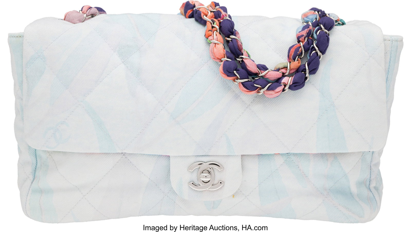 Chanel Light Blue Quilted Printed Denim Jungle J: Chanel Light Blue Quilted Printed Denim Jungle Jeans Flap Bag with Silver Hardware Cruise 2020 Condition: 3 11.5" Width x 6.75" Height x 2.75" Depth This bag is done in Ligh