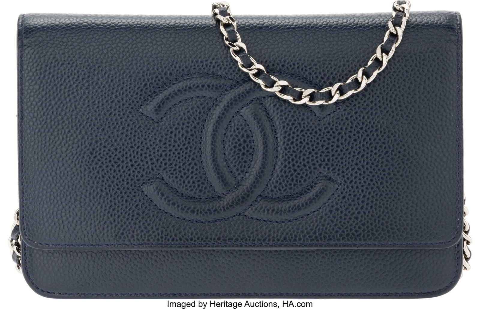 Chanel Dark Blue Caviar Leather Wallet On Chain : Chanel Dark Blue Caviar Leather Wallet On Chain with Silver Hardware 2012-2013 Condition: 2 7.5" Width x 5" Height x 1" Depth This bag is done in Dark Blue Caviar Leather with Silver Hard