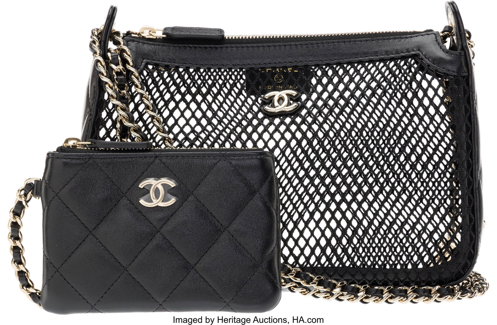 Chanel Black Quilted Lambskin Leather & Mesh Bag: Chanel Black Quilted Lambskin Leather & Mesh Bag with Light Gold Hardware 2025 Condition: 1 9" Width x 6" Height x 2" Depth This bag is done in Black Lambskin Leather and Black Mesh with Lig