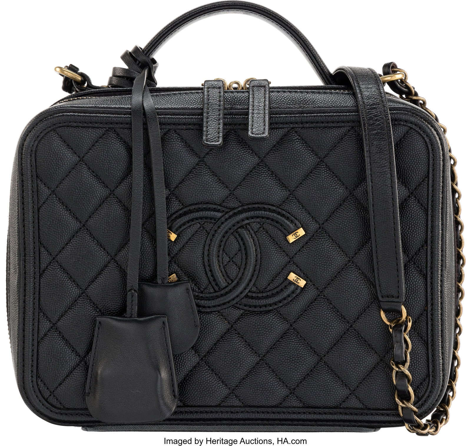 Chanel Black Quilted Caviar Leather Large Filigr: Chanel Black Quilted Caviar Leather Large Filigree Vanity Case with Aged Gold Hardware 2014-2015 Condition: 2 9.5" Width x 7" Height x 4" Depth This bag is done in Black Caviar Leather wi