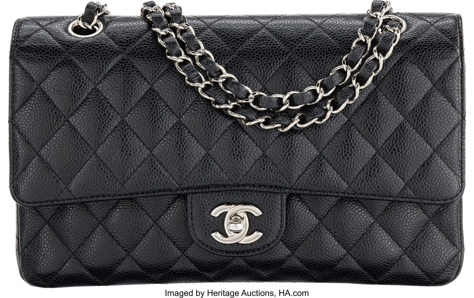 Chanel Black Quilted Caviar Leather Medium Class: Chanel Black Quilted Caviar Leather Medium Classic Double Flap Bag with Silver Hardware 2005-2006 Condition: 3 10" Width x 6" Height x 2.5" Depth This bag is done in Black Caviar Leather 