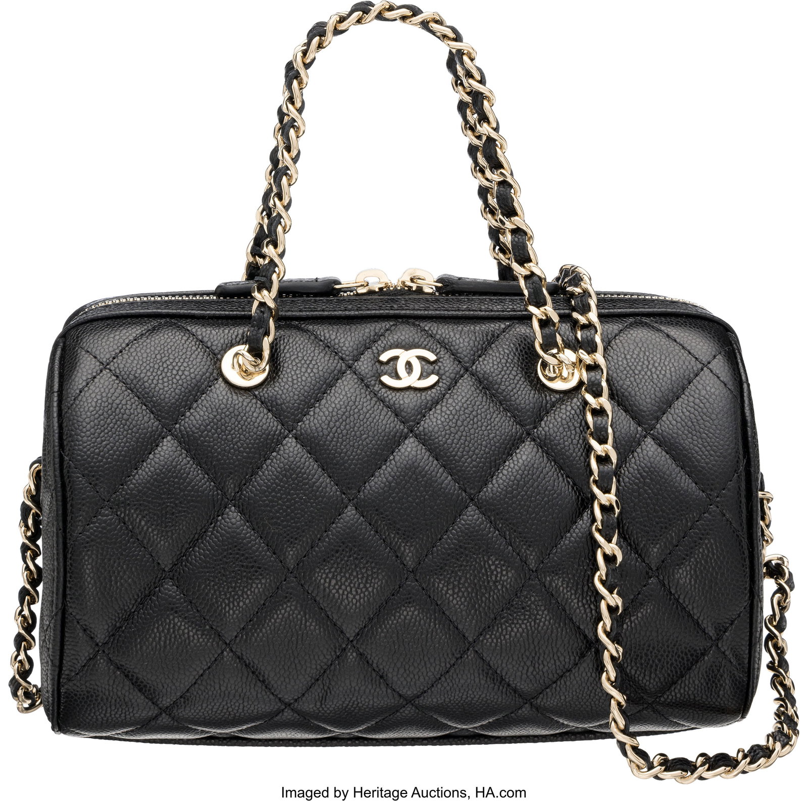 Chanel Black Quilted Caviar Leather Barrel Clutc: Chanel Black Quilted Caviar Leather Barrel Clutch On Chain with Gold Hardware Condition: 2 7.25" Width x 4.5" height x 4.5" Depth This bag is done in Black Caviar Leather wi
