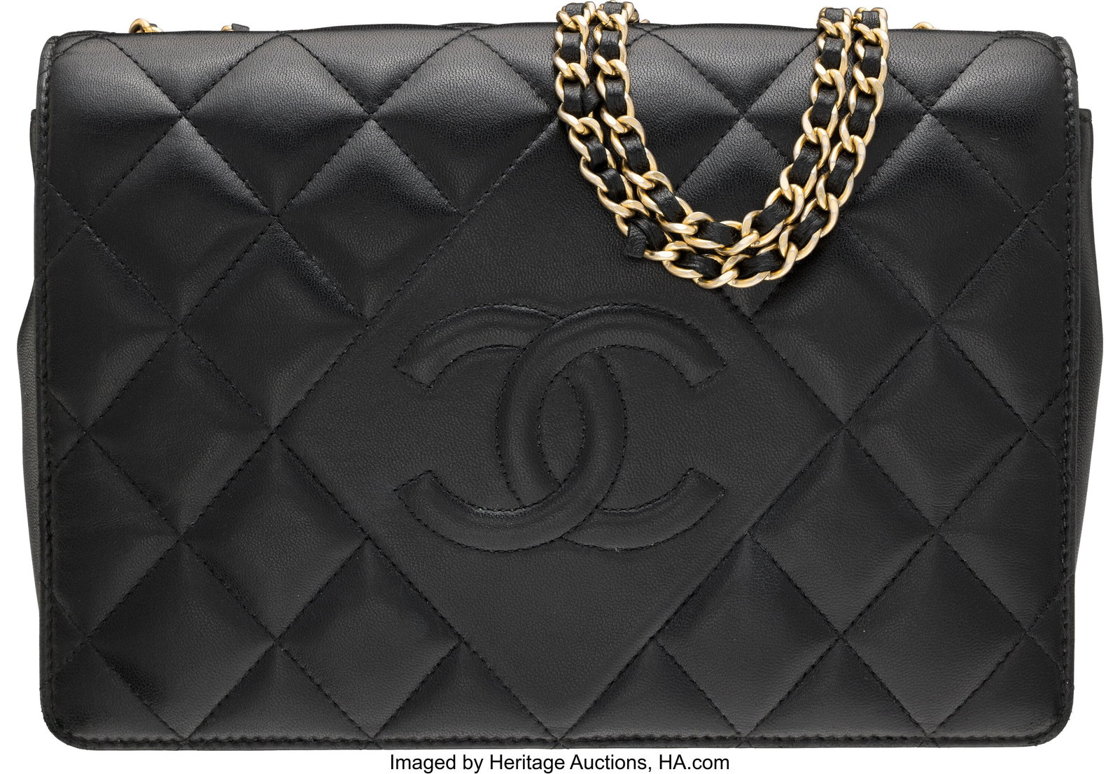 Chanel Black Quilted Lambskin Leather CC Flap Ba: Chanel Black Quilted Lambskin Leather CC Flap Bag with Brushed Gold Hardware 2014 Condition: 3 9" Width x 6" Height x 2" Depth This bag is done in Black Lambskin Leather with Brushed Gold Hardwa