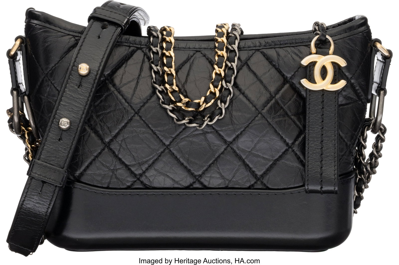 Chanel Black Quilted Calfskin Leather Small Gabr: Chanel Black Quilted Calfskin Leather Small Gabrielle Hobo Bag with Aged Gold & Ruthenium Hardware 2019 Condition: 3 7.5" Width x 6" Height x 3" Depth This bag is done in Black Quilte