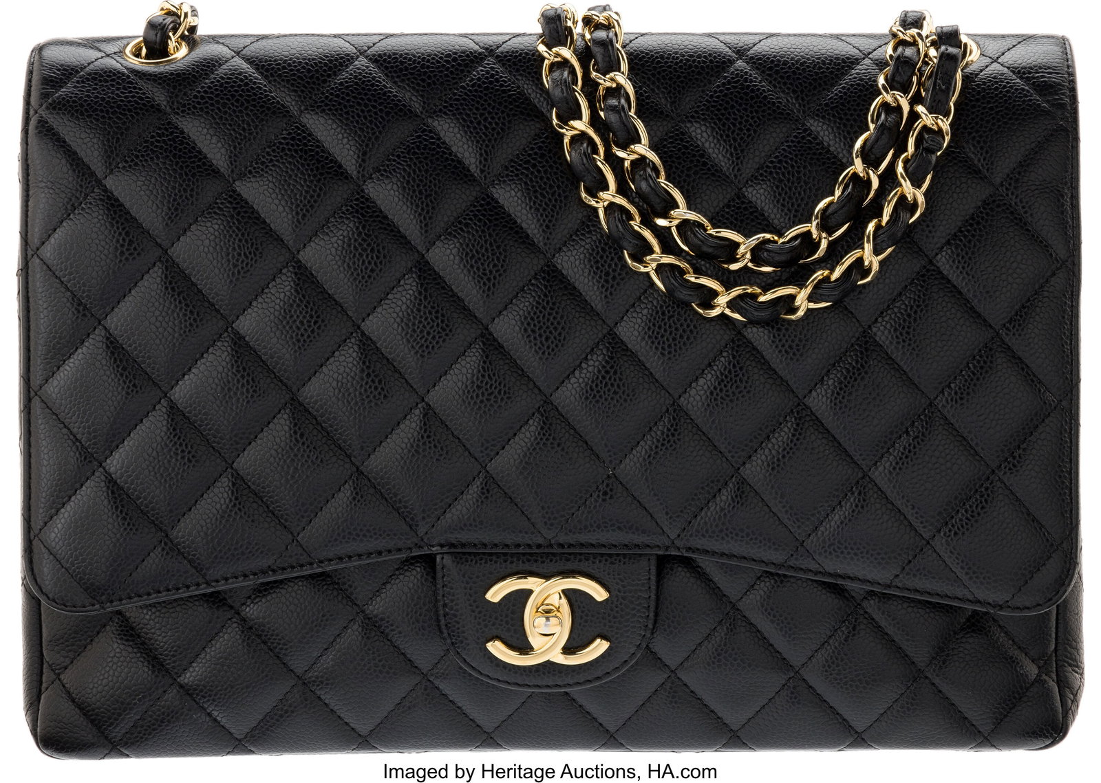Chanel Black Quilted Caviar Leather Maxi Classic: Chanel Black Quilted Caviar Leather Maxi Classic Double Flap Bag with Gold Hardware 2013-2014 Condition: 3 13" Width x 9" Height x 4" Depth This bag is done in Black Caviar Leather with Gold Har