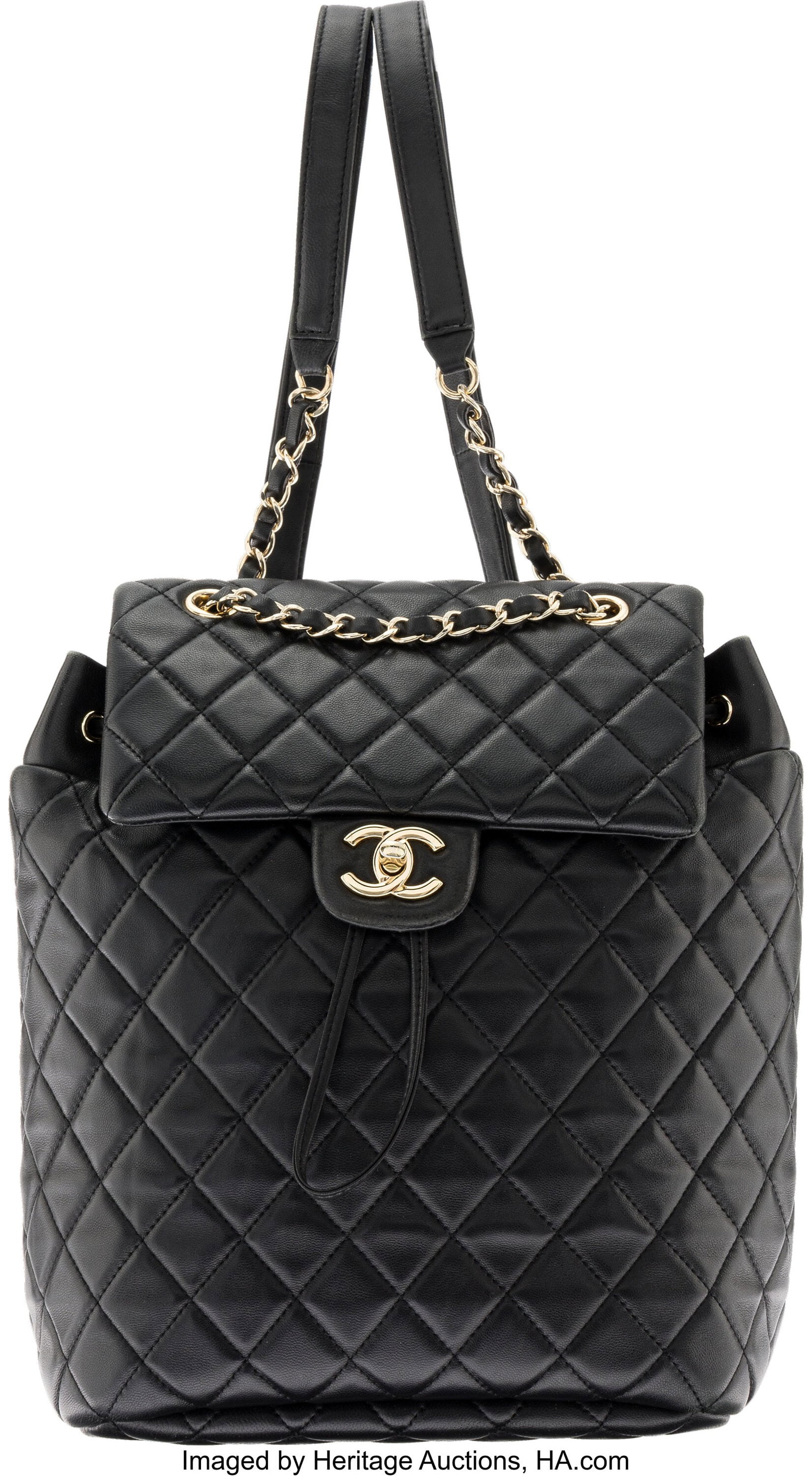 Chanel Black Quilted Lambskin Leather Backpack w: Chanel Black Quilted Lambskin Leather Backpack with Light Gold Hardware 2019 Condition: 3 9" Width x 12" Height x 4" Depth This backpack is done in Black Lambskin Leather with Light Gold Hardwar