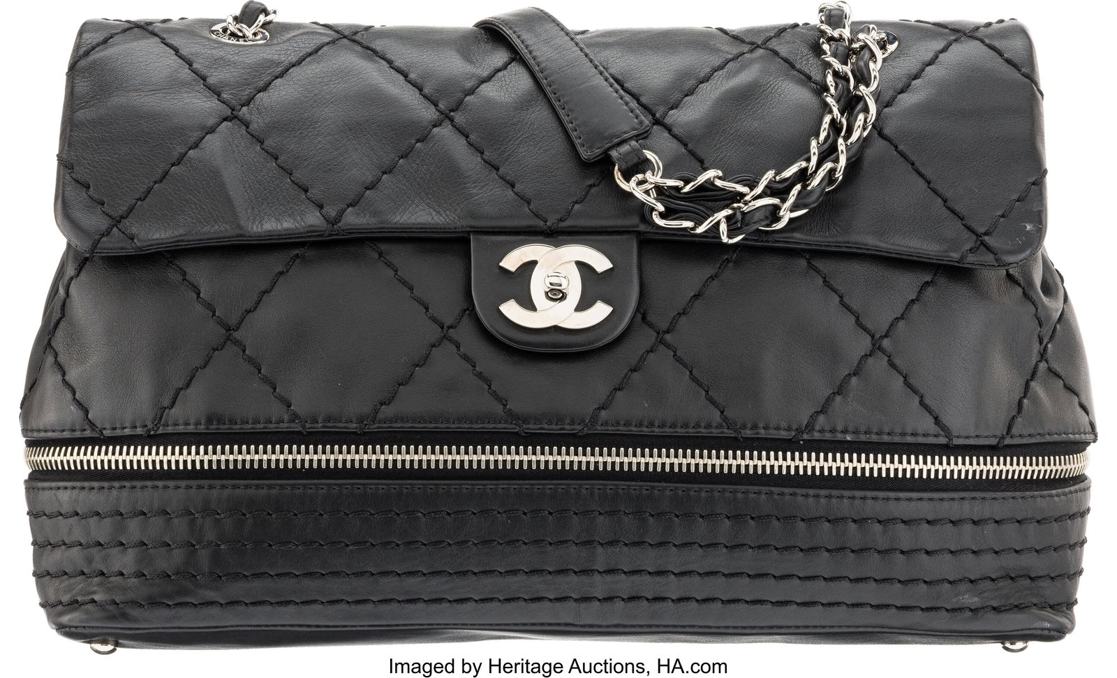 Chanel Black Quilted Lambskin Leather Expandable: Chanel Black Quilted Lambskin Leather Expandable Ligne Flap Bag with Silver Hardware 2006-2008 Condition: 2 13.25" Width x 10" Height x 4.75" Depth This bag is done in Black Lambsk