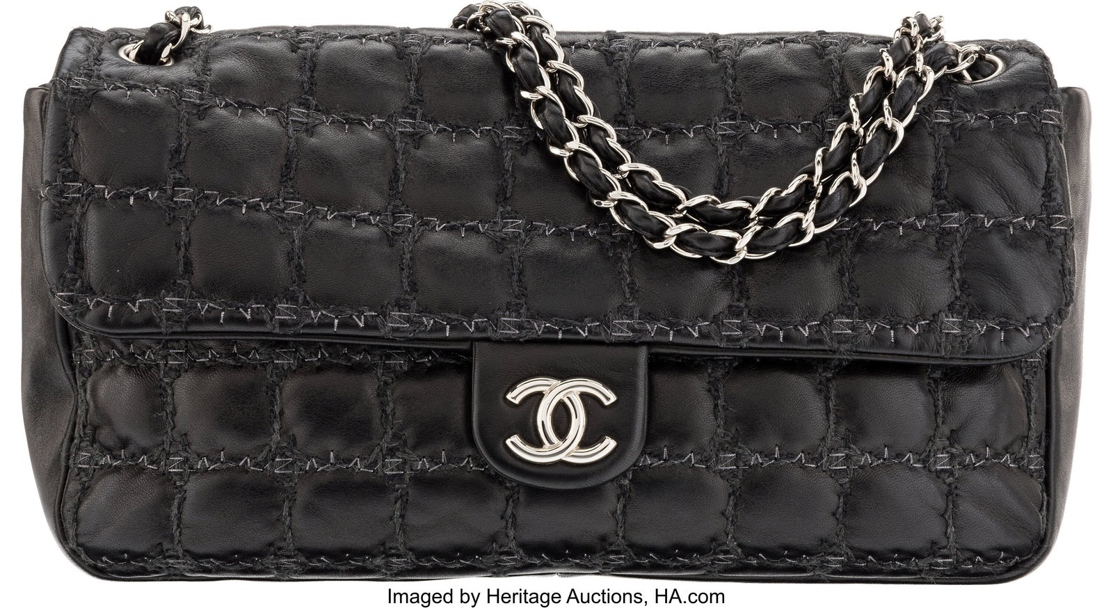Chanel Black Quilted Lambskin Leather Tweed Doub: Chanel Black Quilted Lambskin Leather Tweed Double Stitch Flap Bag with Silver Hardware 2008-2009 Condition: 2 14" Width x 8.25" Height x 2.75" Depth This bag is done in Black Lamb