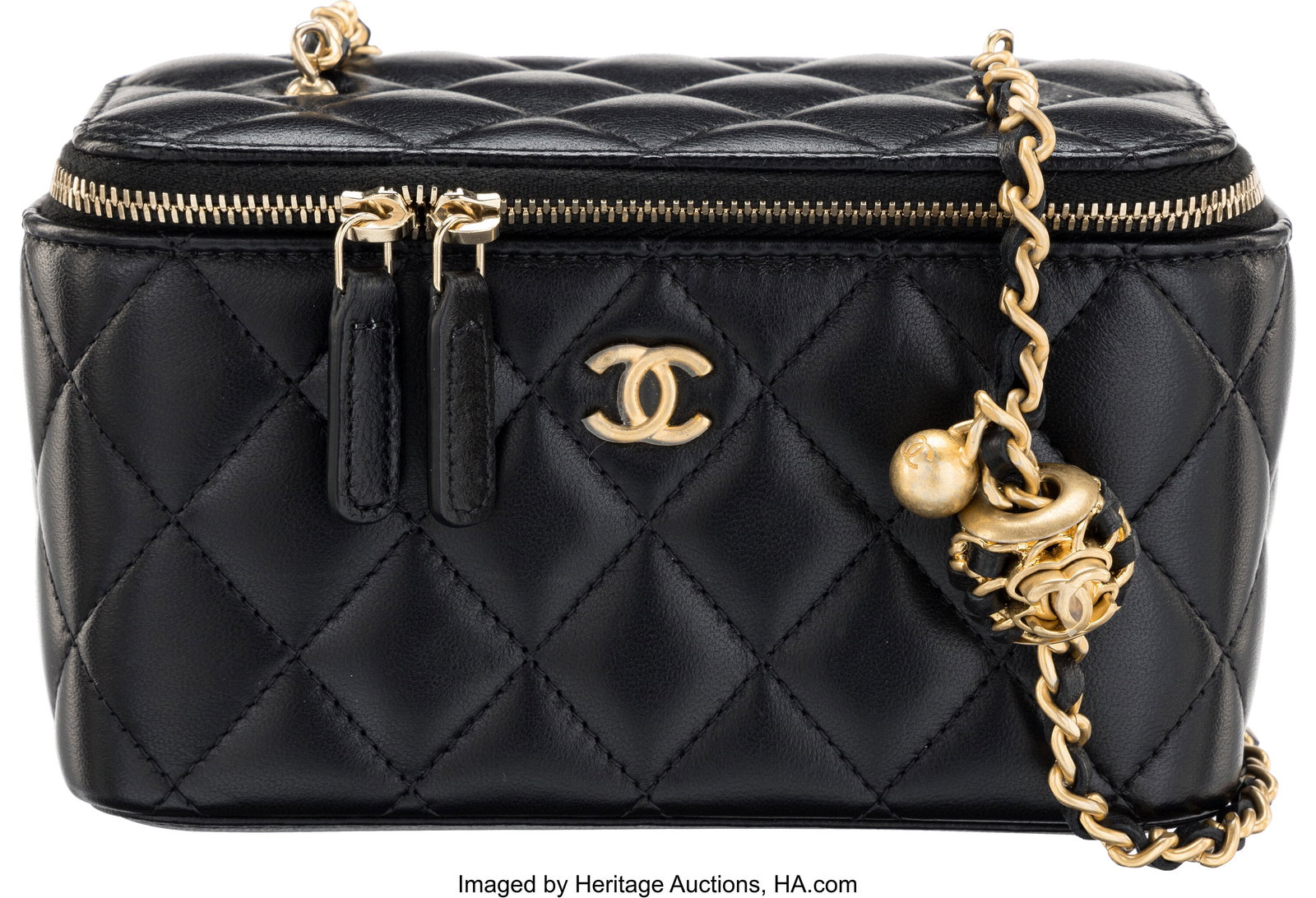 Chanel Black Quilted Lambskin Leather Small Pear: Chanel Black Quilted Lambskin Leather Small Pearl Crush Vanity Case with Brushed Gold Hardware Condition: 1 6.25" Width x 3.75" Height x 3.5" Depth This bag is done in Black