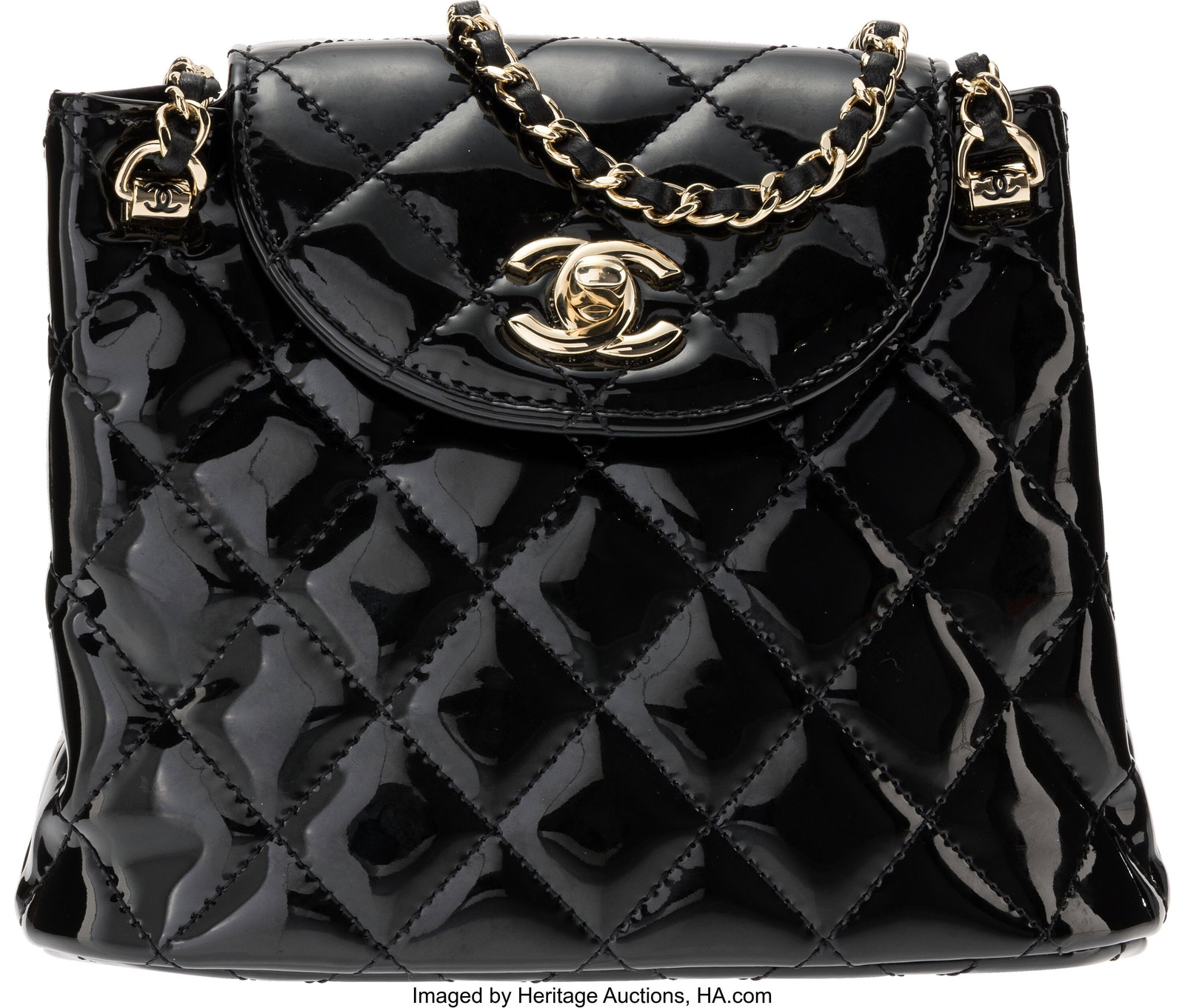 Chanel Black Patent Leather Mini Square Crossbod: Chanel Black Patent Leather Mini Square Crossbody with Gold Hardware 2021-Present Condition: 3 7.5" Width x 6" Length x 2.25" Depth This bag is done in Black Patent Leather with Go