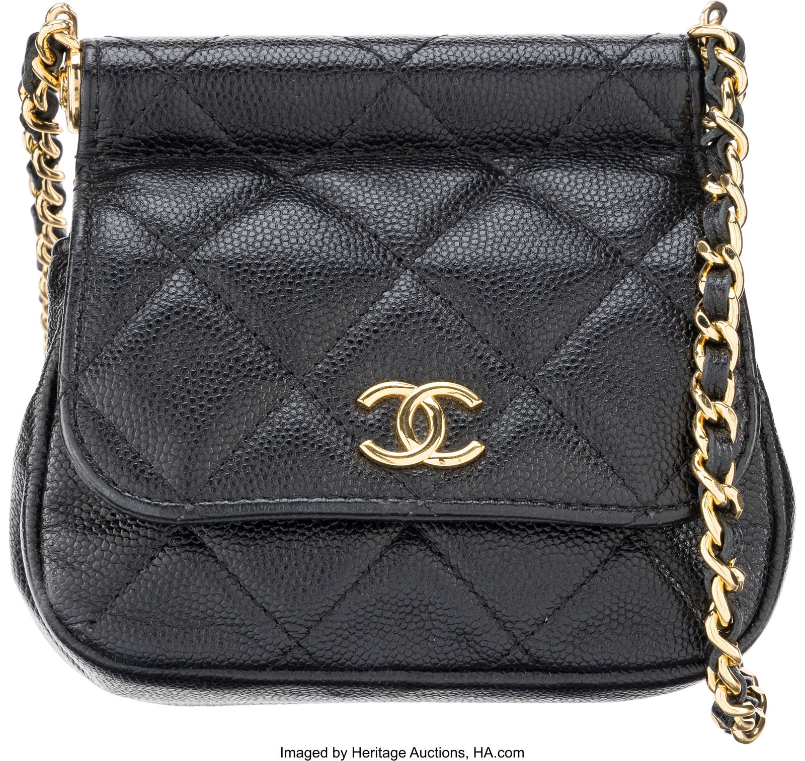 Chanel Black Quilted Caviar Leather Mini Bar Fla: Chanel Black Quilted Caviar Leather Mini Bar Flap Clutch On Chain with Gold Hardware Condition: 1 4.75" Width x 4.25" Height x 2" Depth This bag is done in Black Caviar Leather wit