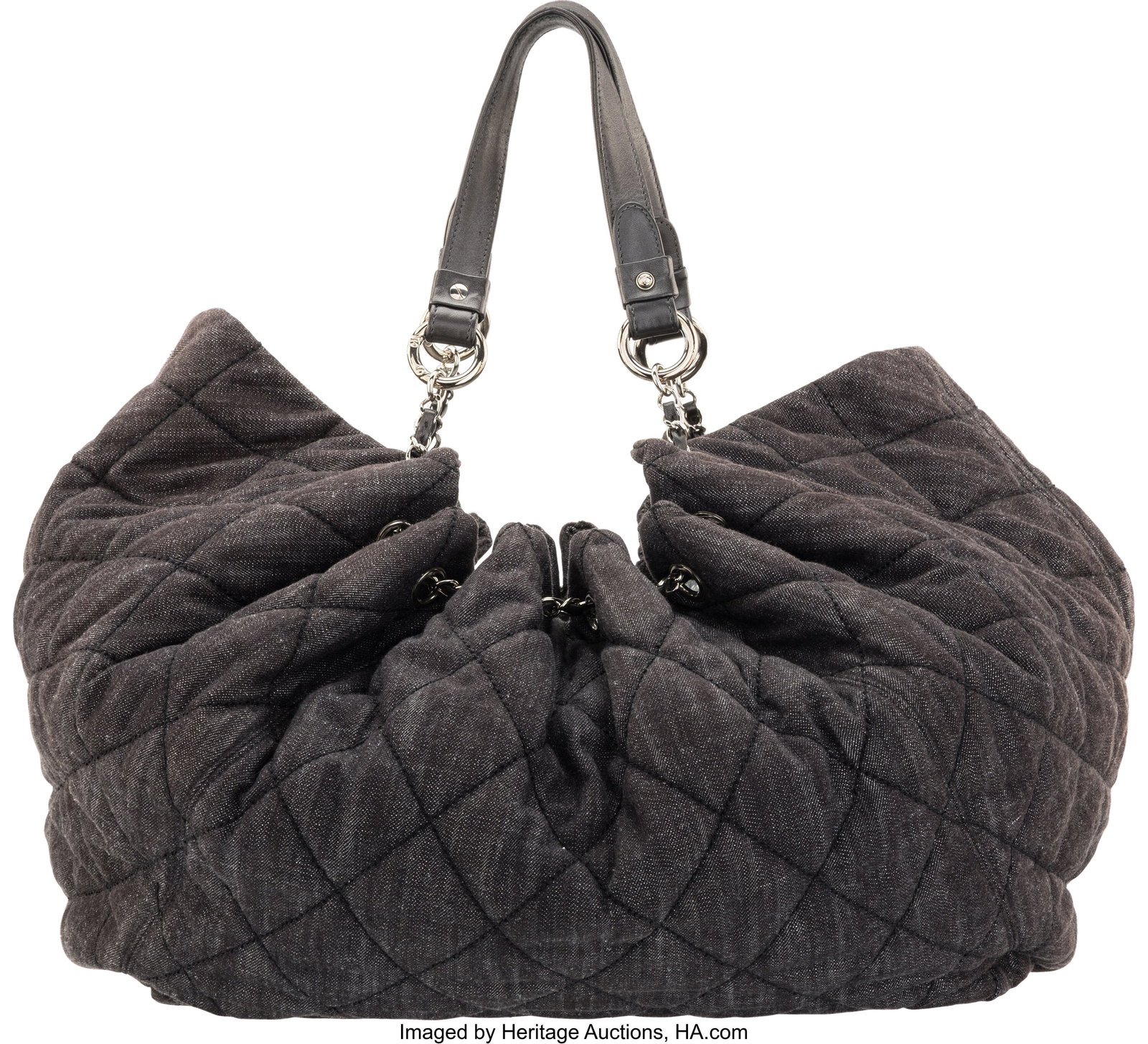 Chanel Dark Gray Quilted Denim XL Spirit Cabas T: Chanel Dark Gray Quilted Denim XL Spirit Cabas Tote with Silver Hardware 2008-2009 Condition: 2 17" Width x 14" Height x 9" Depth This bag is done in Dark Gray Quilted Denim with Silver Hardware