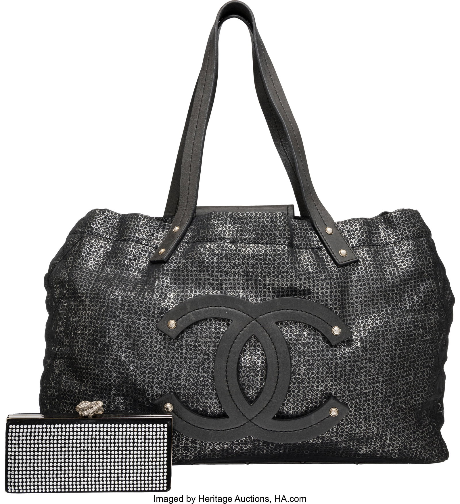 Set of Two: Chanel Hidden Sequins Tote & Yves Sa: Set of Two: Chanel Hidden Sequins Tote & Yves Saint Laurent Clutch See Extended Condition Report for Details. This set includes: Chanel Black Fabric & Leather Hidden Sequins