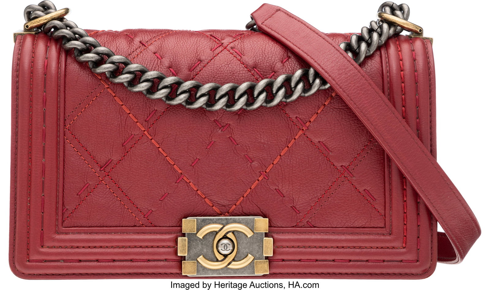 Chanel Red Quilted Calfskin Leather Medium Boy B: Chanel Red Quilted Calfskin Leather Medium Boy Bag with Aged Gold & Ruthenium Hardware 2015-2016 Condition: 2 10" Width x 5.5" Length x 3.5" Depth This bag is done in Red Quilt