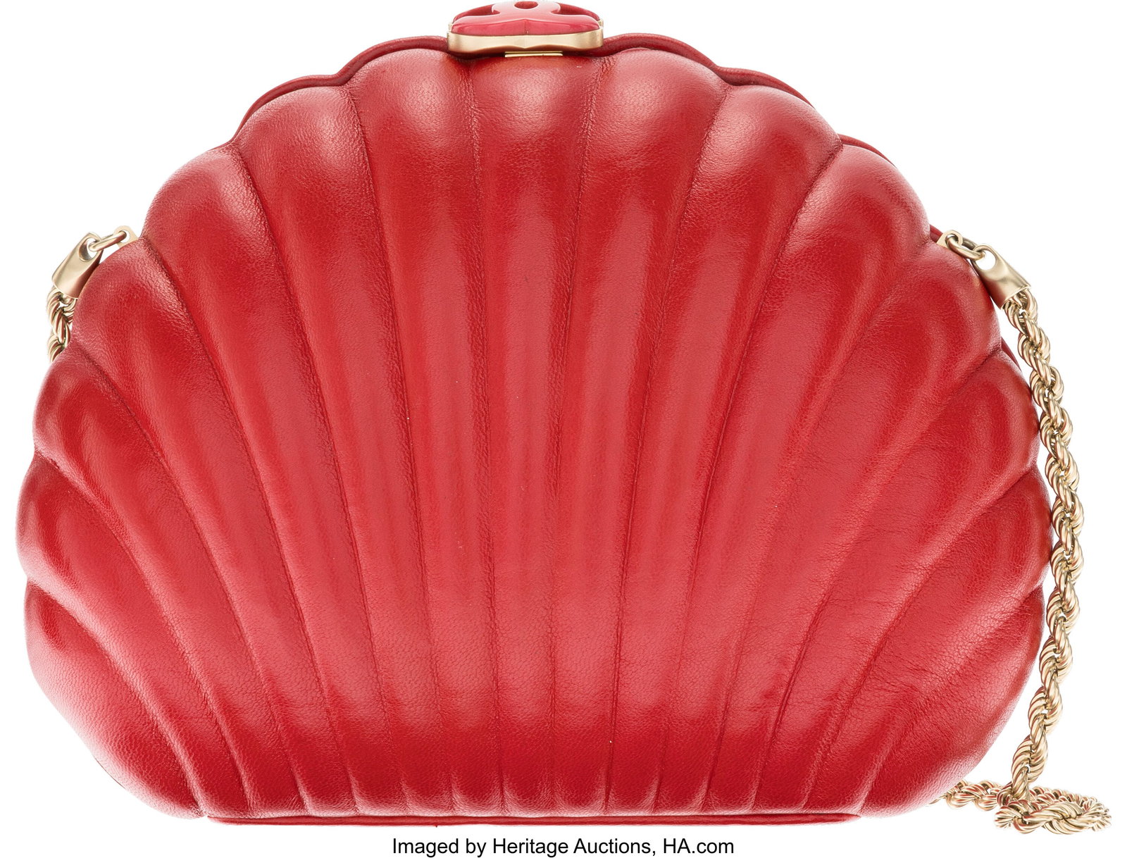 Chanel Red Leather Shell Minaudière with Gold H: Chanel Red Leather Shell Minaudière with Gold Hardware 2011 Condition: 2 5" Width x 5.5" Height x 1.5" Depth This bag is done in Red Leather with Gold Hardware, featur