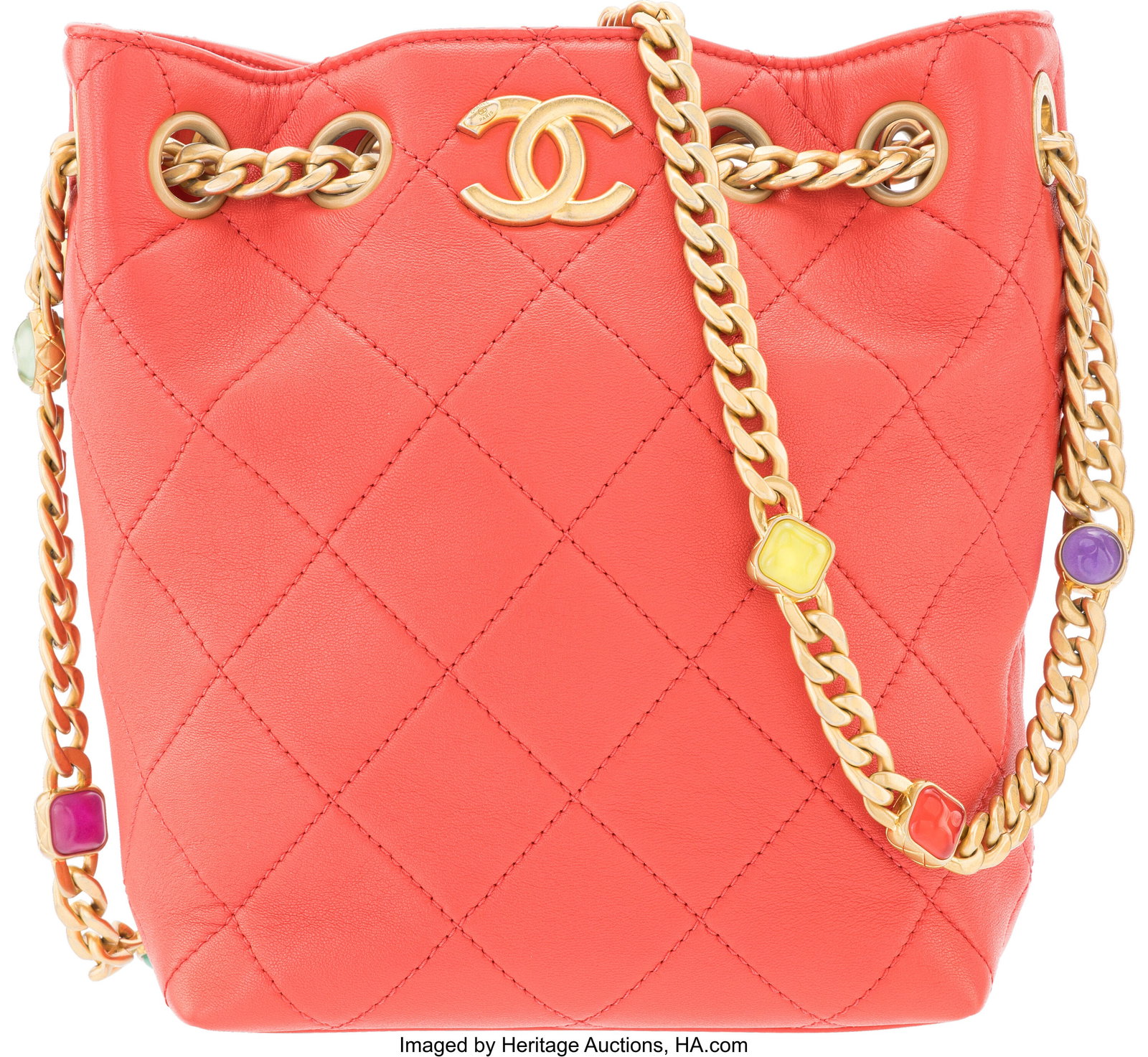 Chanel Coral Red Quilted Lambskin Leather Small : Chanel Coral Red Quilted Lambskin Leather Small Samba Bucket Bag with Brushed Gold & Resin Hardware 2021 Condition: 2 6" Width x 7.25" Height x 3.5" Depth This bag is done in C