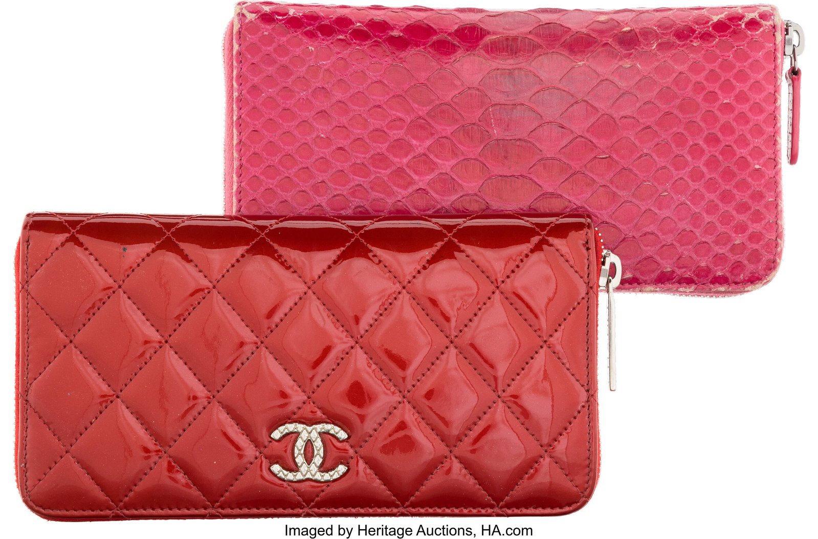 Chanel Set of Two: Red Patent Leather & Pink Pyt: Chanel Set of Two: Red Patent Leather & Pink Python Zip Wallets See Extended Condition Report for Details. This set includes: Chanel Red Quilted Patent Leather Zip Around Waller