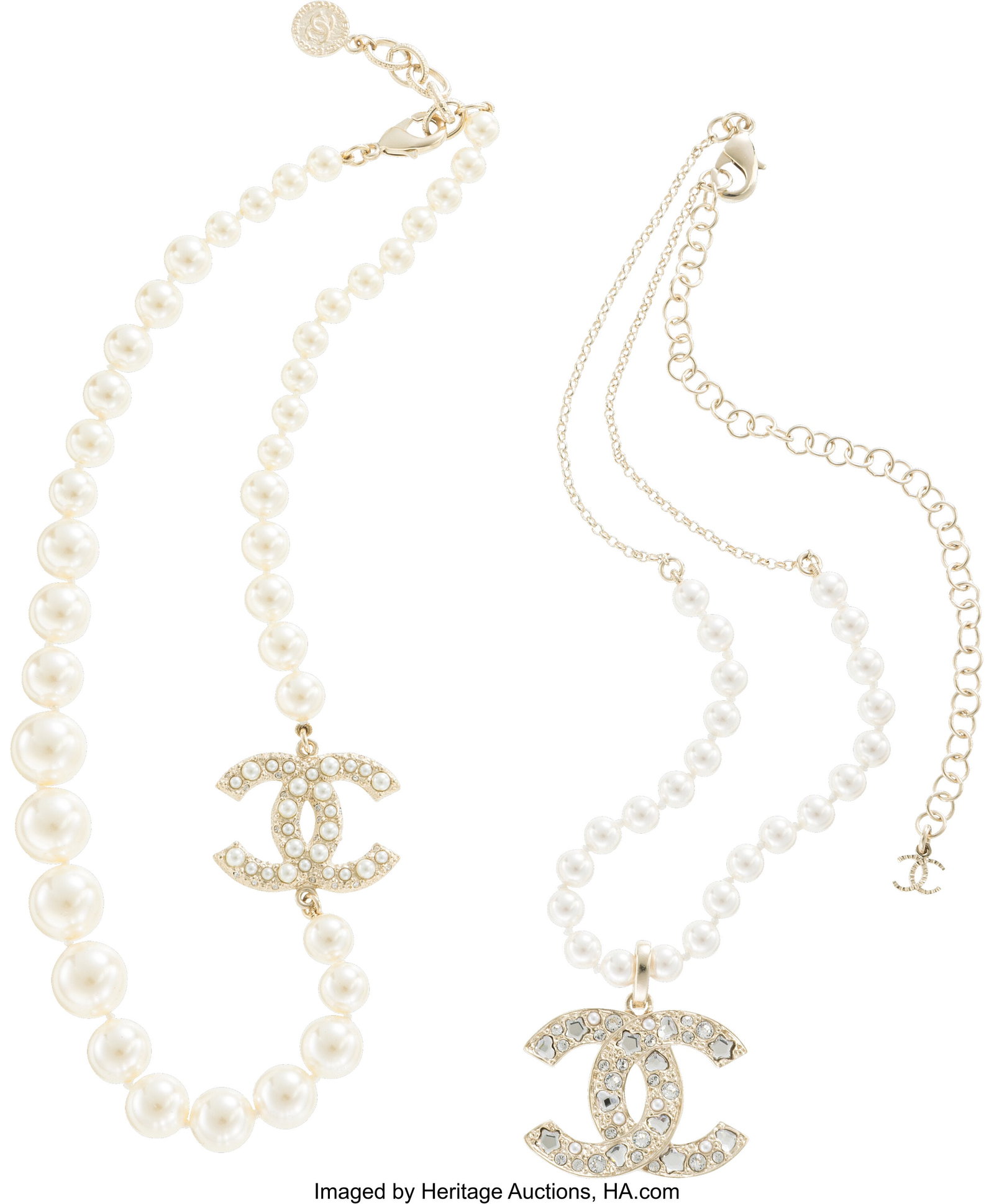 Chanel Set of Two: Faux Pearl & Crystal CC Neckl: Chanel Set of Two: Faux Pearl & Crystal CC Necklaces See Extended Condition Report for Details. This set includes: Chanel Faux Pearl & Crystal CC Necklace with Light Gold Ha