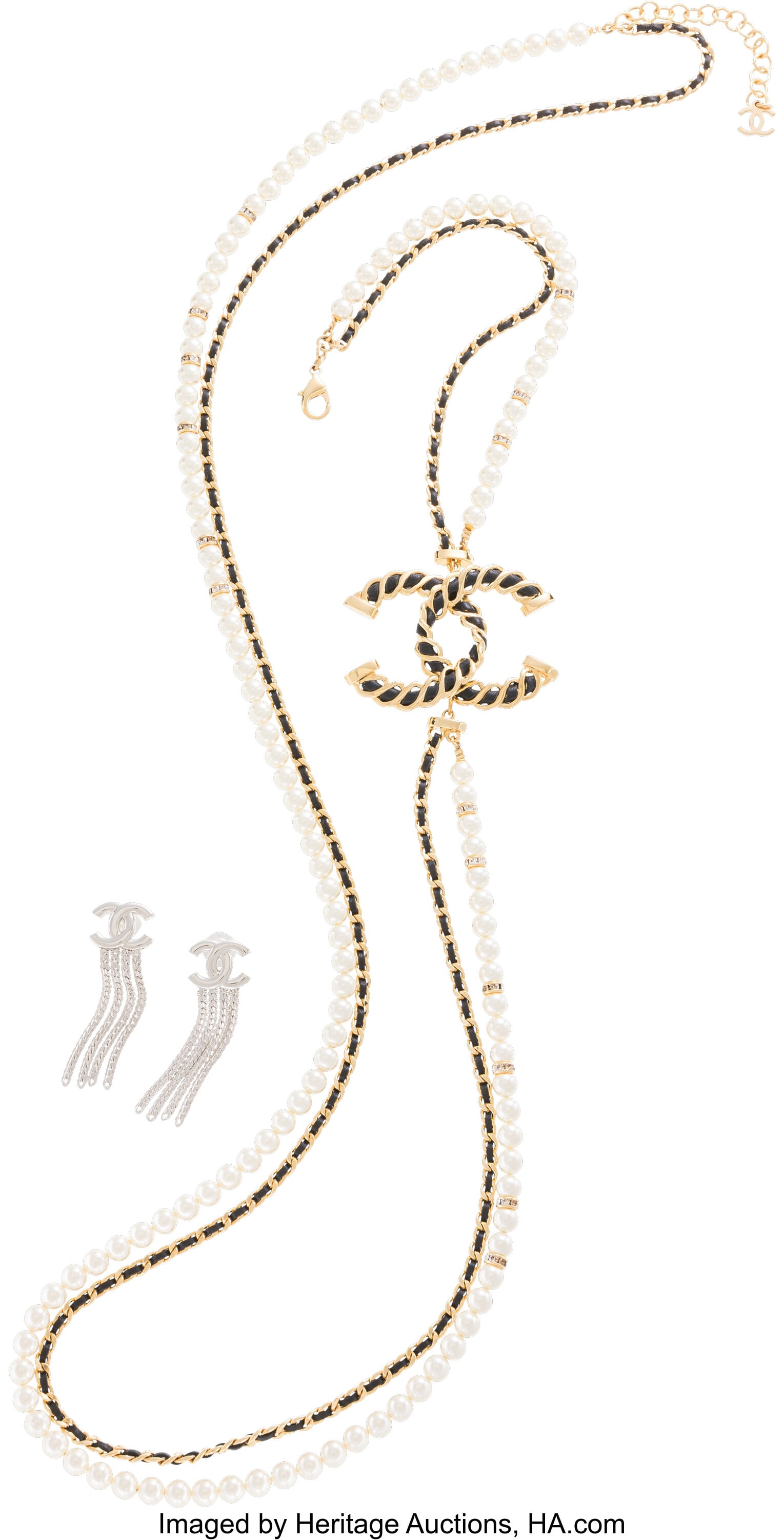 Chanel Set of Two: CC Earrings & Pearl Necklace : Chanel Set of Two: CC Earrings & Pearl Necklace See Extended Condition Report for Details. This set includes: Chanel Silver CC Drop Earrings (Autumn 2024, Condition&c