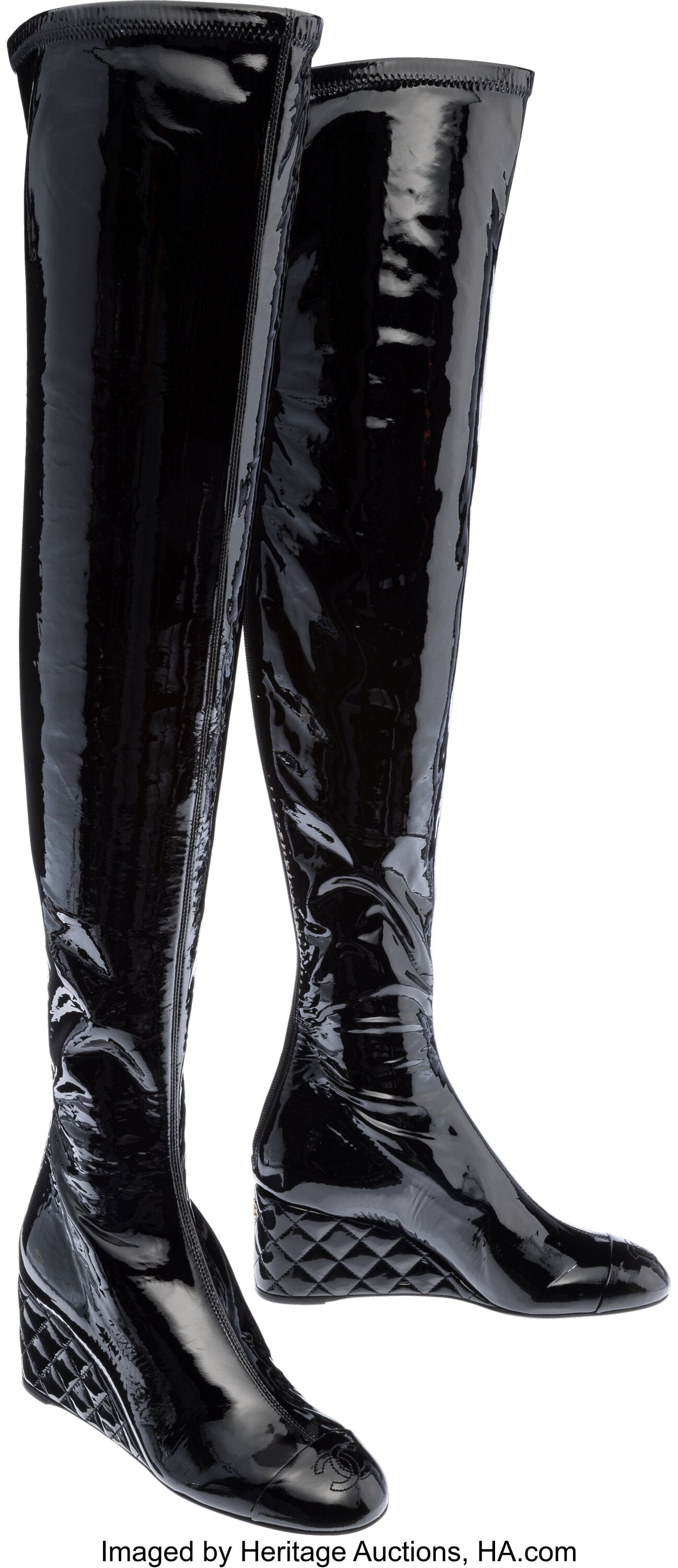 Chanel Black Patent Leather Over-The-Knee Wedge  (1 of 3)