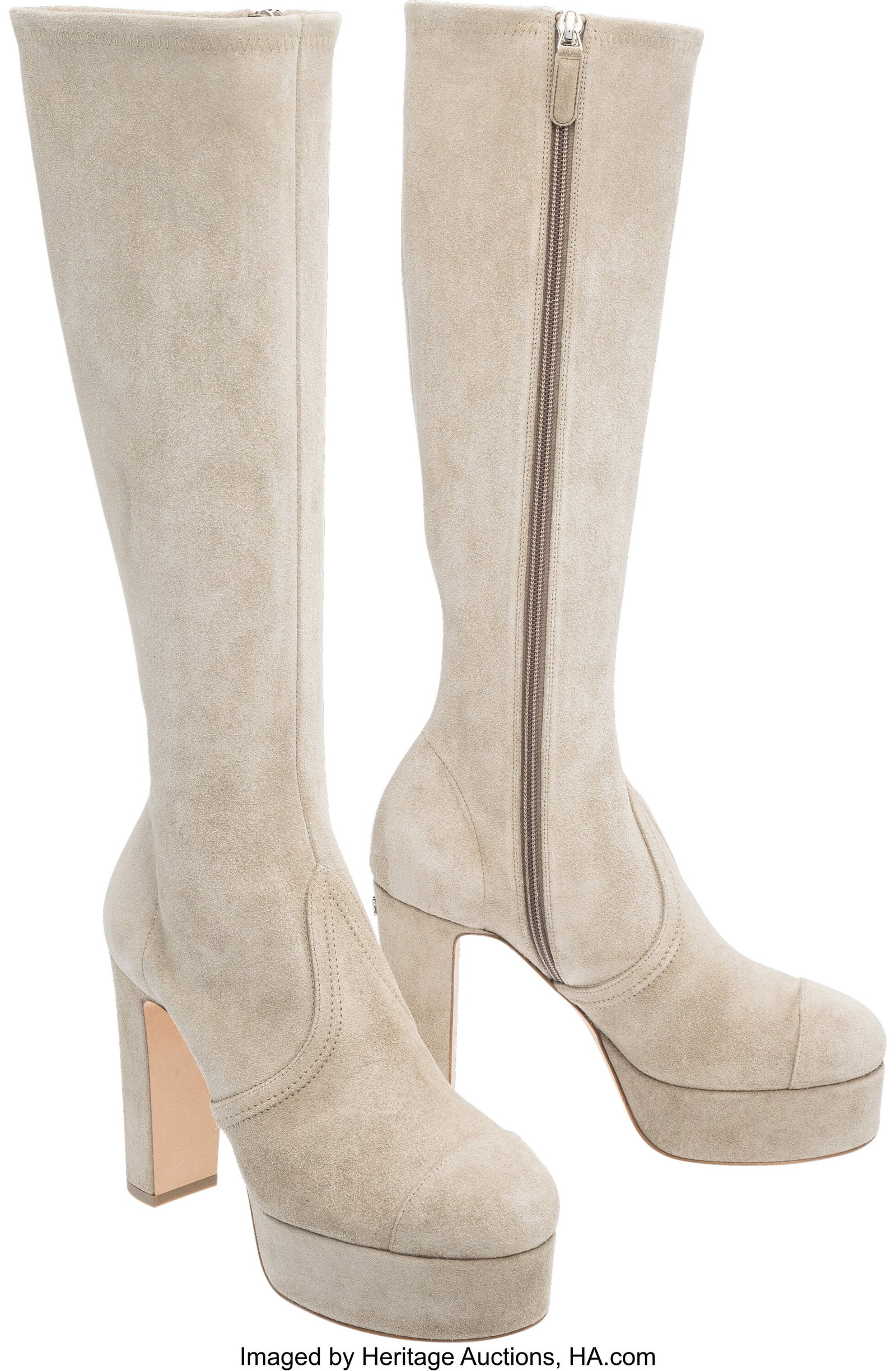 Chanel Dove Gray Suede Block Heeled Boots Condi: Chanel Dove Gray Suede Block Heeled Boots Condition: 1 Size 38.5 These boots are done in Dove Suede, featuring a side zip closure, a 4.5" heel, a 16" shaft height