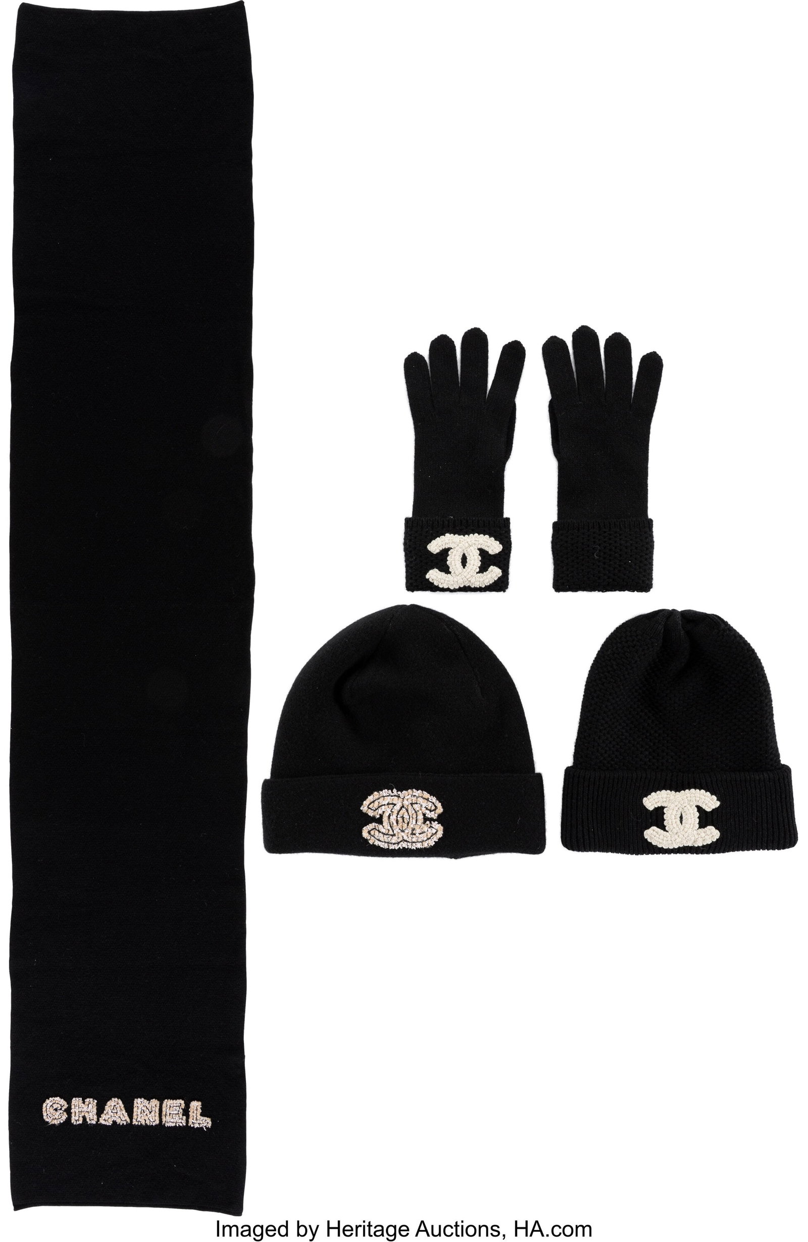 Chanel Set of Four: Black Knit Scarf, Gloves, & : Chanel Set of Four: Black Knit Scarf, Gloves, & Beanies See Extended Condition Report for Details. This set includes: Chanel Black & White Knit Cashmere CC Glove