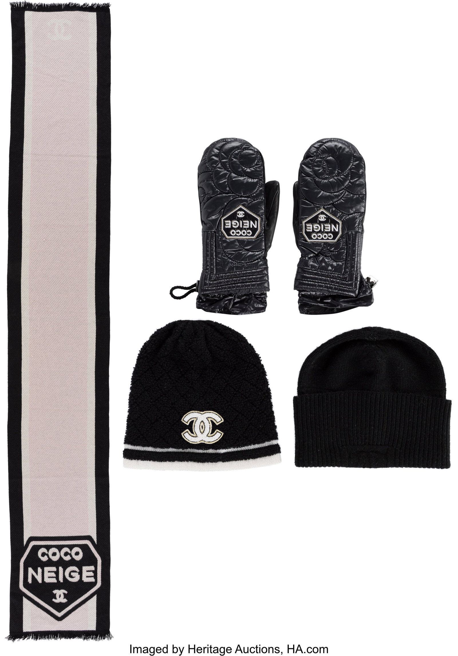 Chanel Set of Four: Coco Neige Mittens, Scarf, &: Chanel Set of Four: Coco Neige Mittens, Scarf, & Knit Beanies See Extended Condition Report for Details. This set includes: Chanel Black Lambskin Leather & Nylon