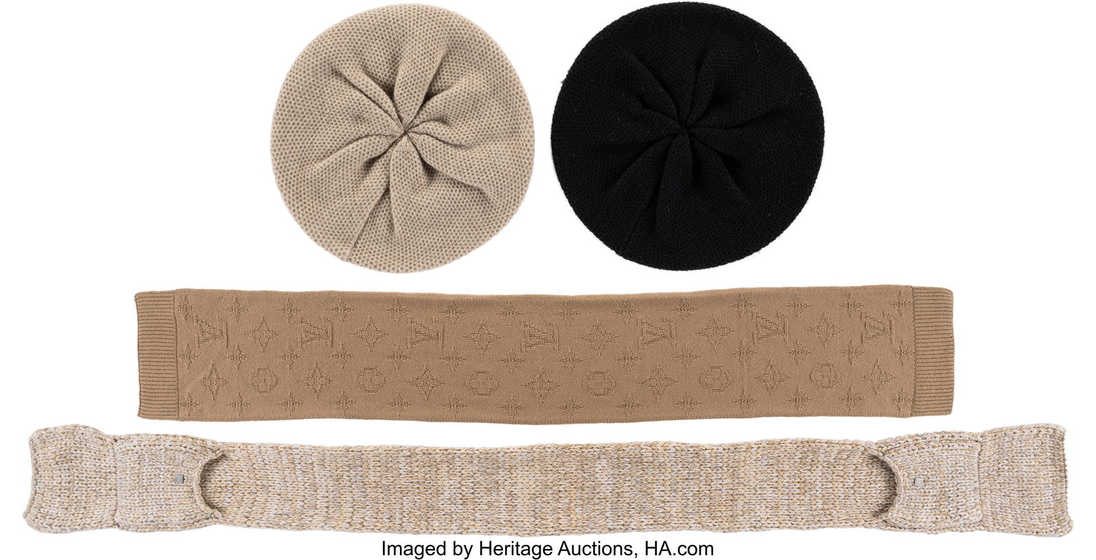 Set of Four: Chanel Knit Berets & Scarf and Loui: Set of Four: Chanel Knit Berets & Scarf and Louis Vuitton Knit Scarf See Extended Condition Report for Details. This set includes: Chanel Black Knit Cashmere Charm Beret (C
