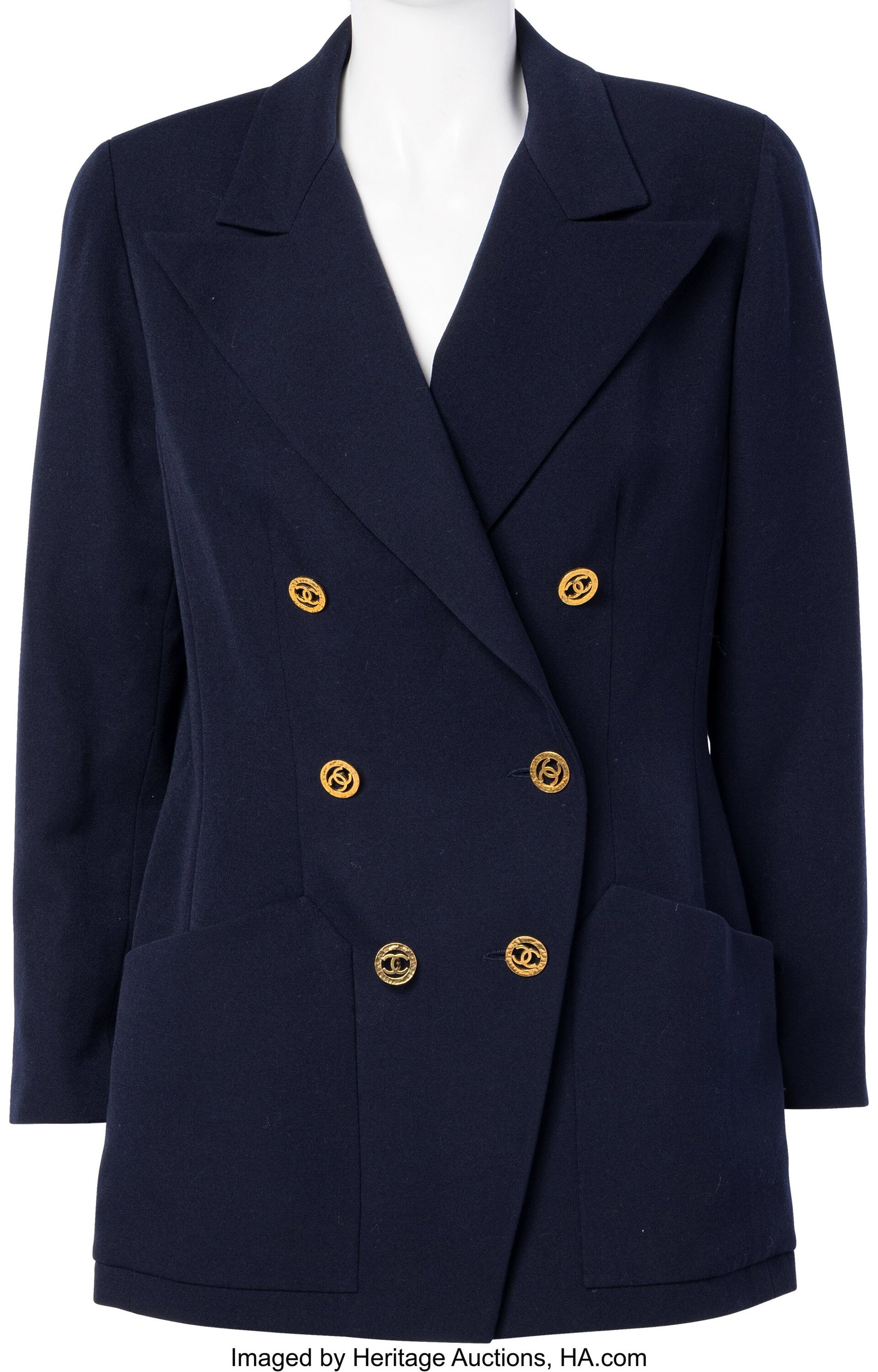 Chanel Navy Blue Wool Double Breasted Blazer wit: Chanel Navy Blue Wool Double Breasted Blazer with Gold CC Buttons Condition: 1 Estimated Size 38-40 This blazer is done in Navy Blue Wool, featuring a silk lining and Gold CC buttons&perio
