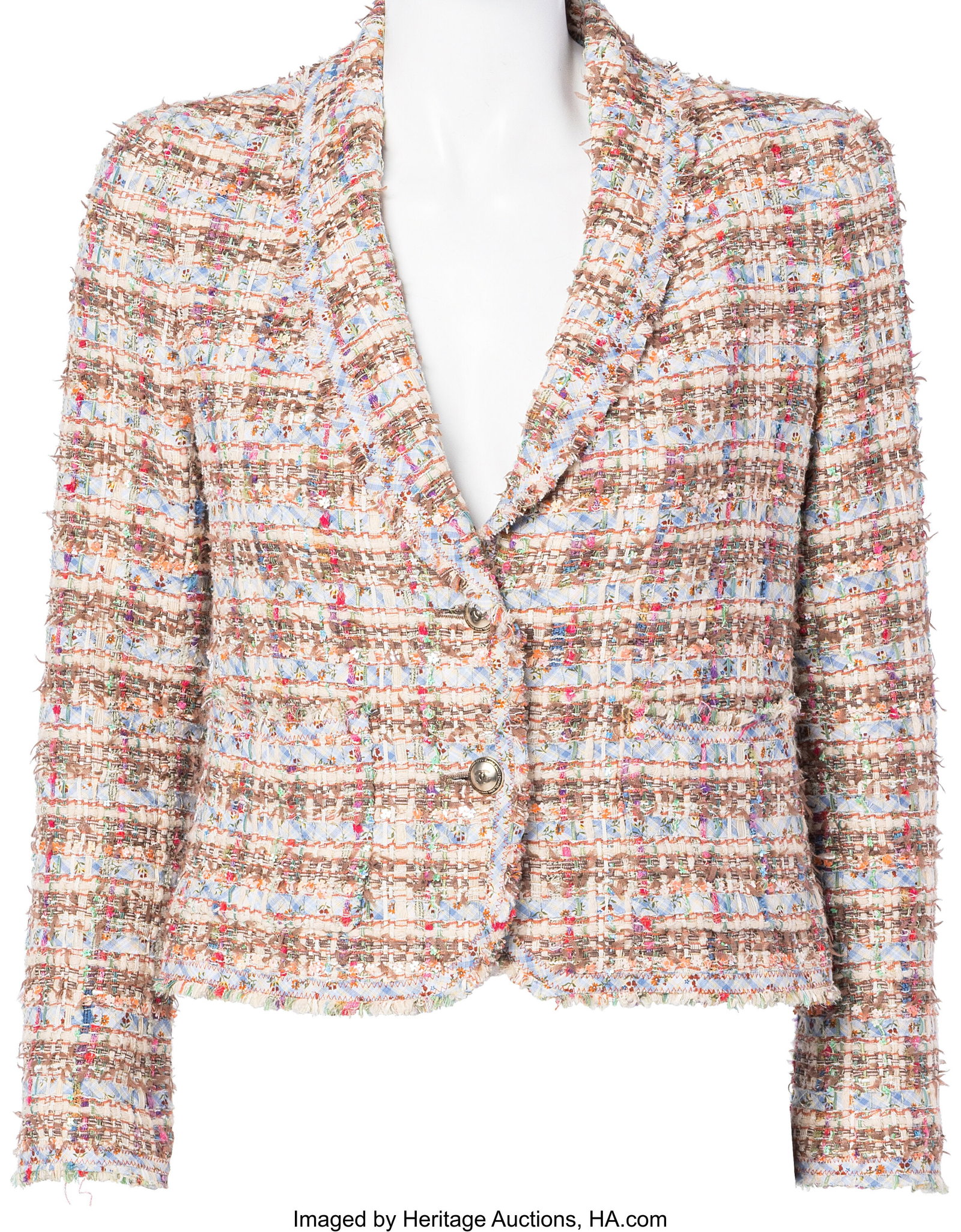 Chanel Multicolor Tweed Floral Sequin Blazer Sp: Chanel Multicolor Tweed Floral Sequin Blazer Spring 2005 Condition: 1 Size 38 This blazer is done in Multicolor Tweed, featuring embroidered floral sequins, a silk lining, and 