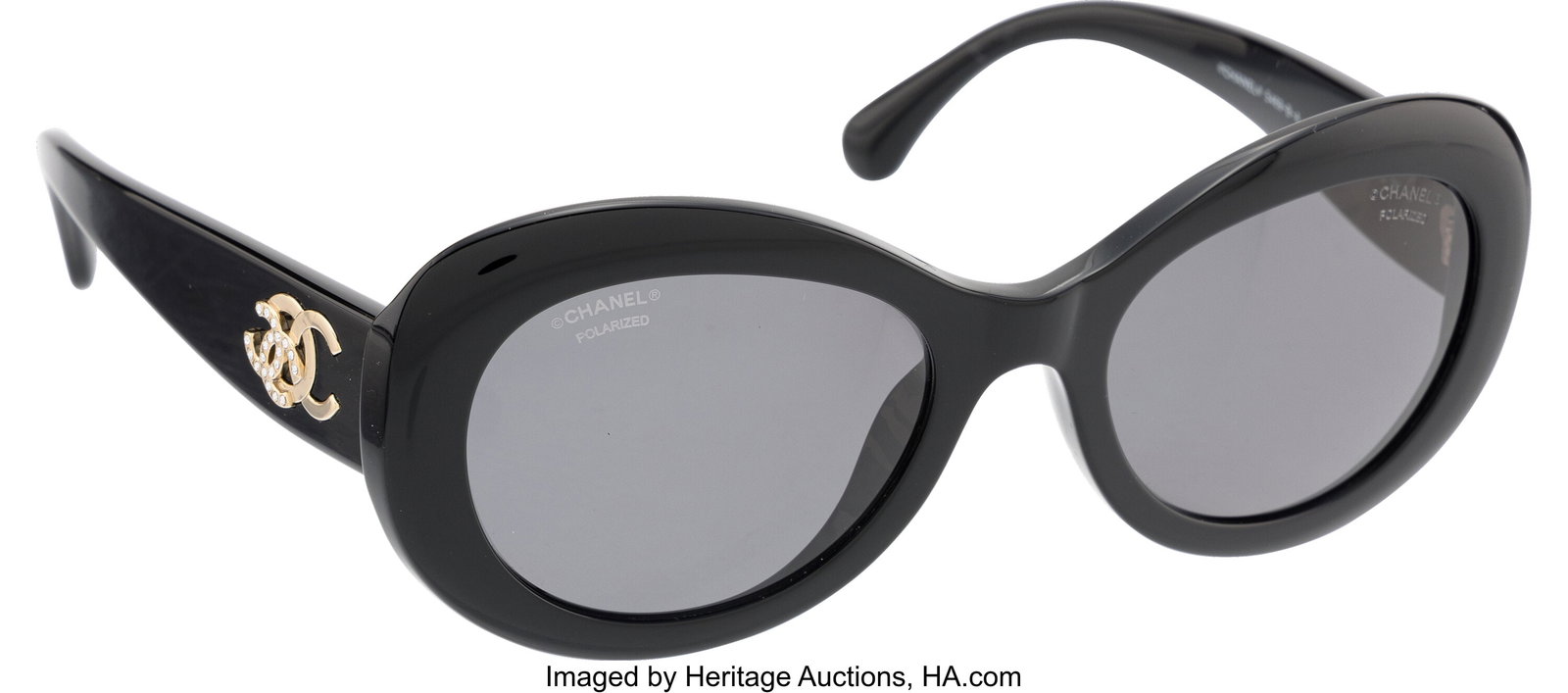 Chanel Black Crystal CC Polarized Sunglasses Co: Chanel Black Crystal CC Polarized Sunglasses Condition: 2 These sunglasses are done in Black Acetate, featuring Crystal CC accents and polarized lenses. There is minor scratching th