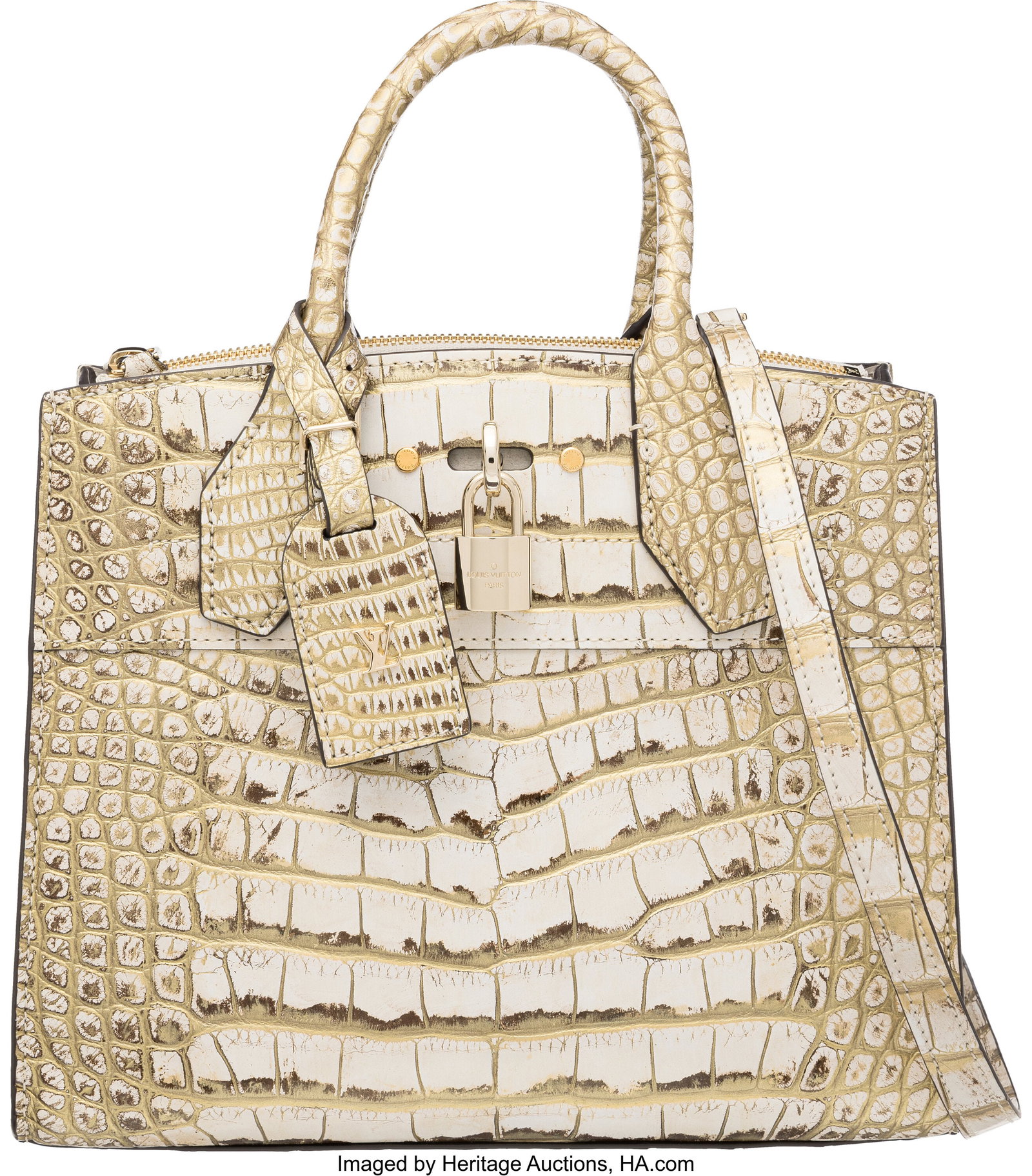 Louis Vuitton White & Gold Alligator City Steame: Louis Vuitton White & Gold Alligator City Steamer PM with Gold Hardware Condition: 2 12.25" Width x 10" Height x 4.75" Depth This bag is done in White and Gold Alligator with G