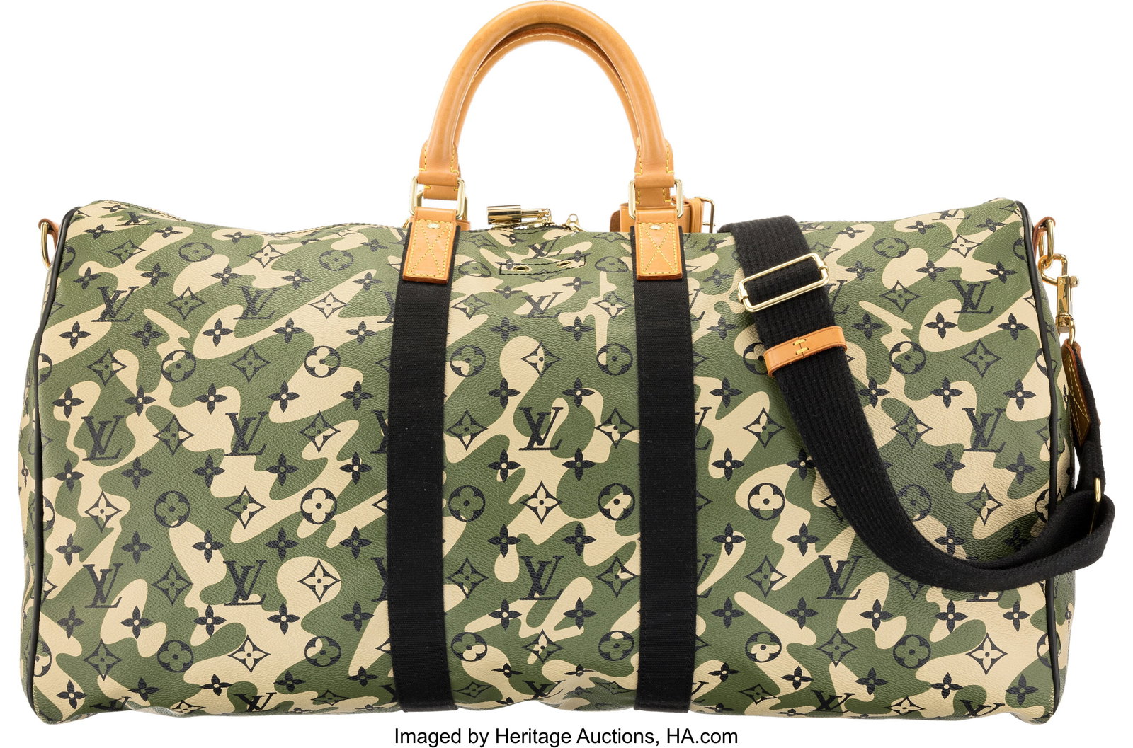 Louis Vuitton x Takashi Murakami Green Monogramo: Louis Vuitton x Takashi Murakami Green Monogramouflage Coated Canvas Keepall Bandoulière 55 2008 Condition: 3 21.75" Width x 12.25" Height x 10.25" Depth This bag is 