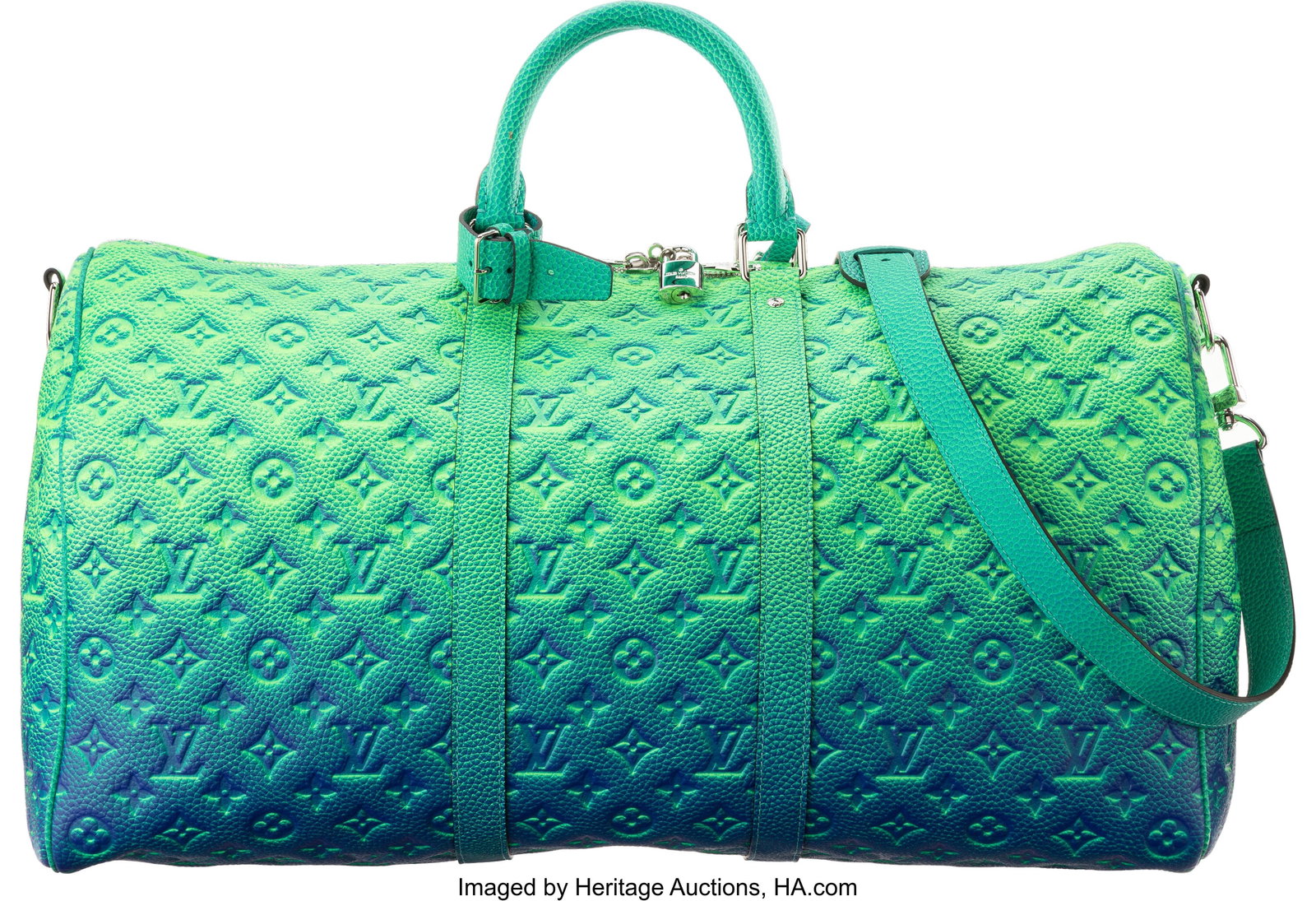 Louis Vuitton Green & Blue Monogram Empreinte Le: Louis Vuitton Green & Blue Monogram Empreinte Leather Illusion Keepall Bandoulière 50 2022 Condition: 2 20" Width x 11" Height x 9" Depth This bag is done in Green and Blue Monogram E