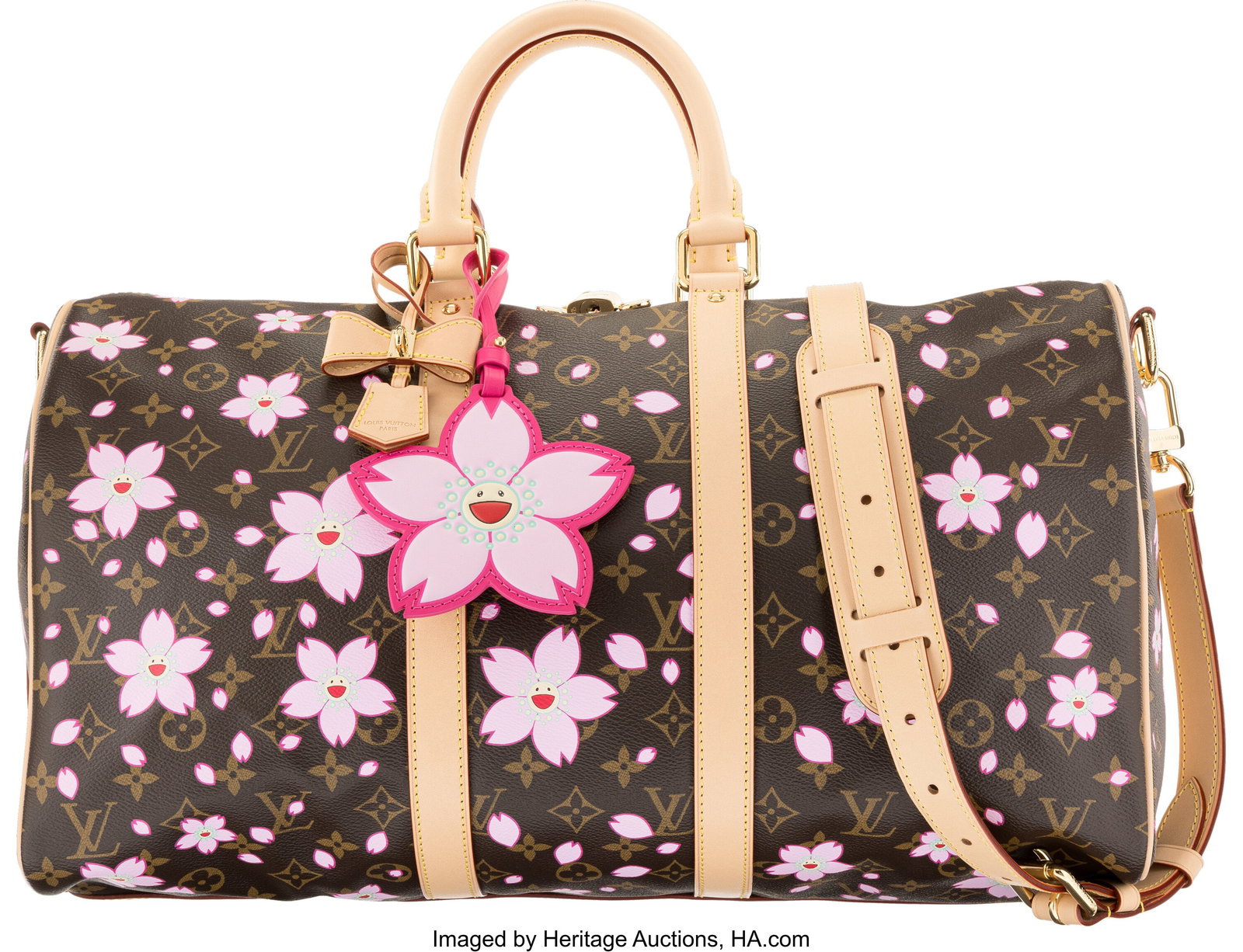 Louis Vuitton x Takashi Murakami Cherry Blossom : Louis Vuitton x Takashi Murakami Cherry Blossom Monogram Coated Canvas Keepall Bandoulière 45 2025 Condition: 2 17.75" Width x 10.5" Height x 8" Depth This bag is done in Ch