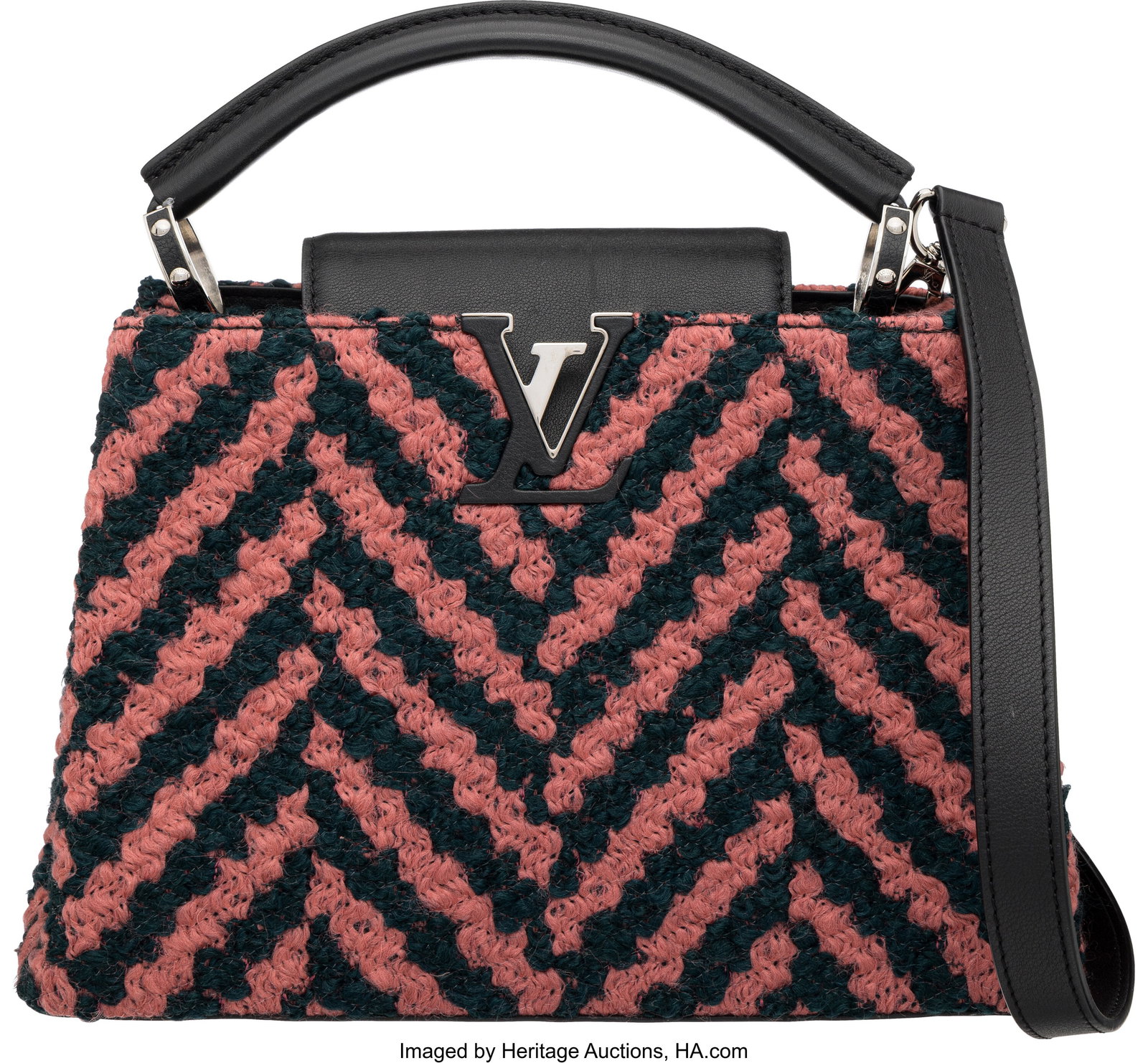 Louis Vuitton Pink and Blue Chevron Tweed Capuci: Louis Vuitton Pink and Blue Chevron Tweed Capucines BB Bag with Silver Hardware Pre-Fall 2015 Condition: 2 10.5" Width x 7" Height x 4" Depth This bag is done in Pink and Blue Chevron Twe