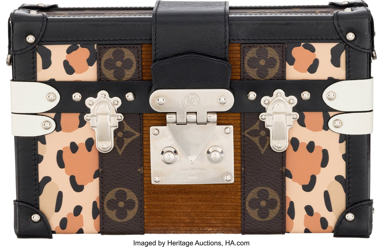 Louis Vuitton Leopard, Corduroy, & Monogram Coat: Louis Vuitton Leopard, Corduroy, & Monogram Coated Canvas Petite Malle with Silver Hardware Condition: 3 7.75" Width x 4.75" Height x 2" Depth This bag is done in L