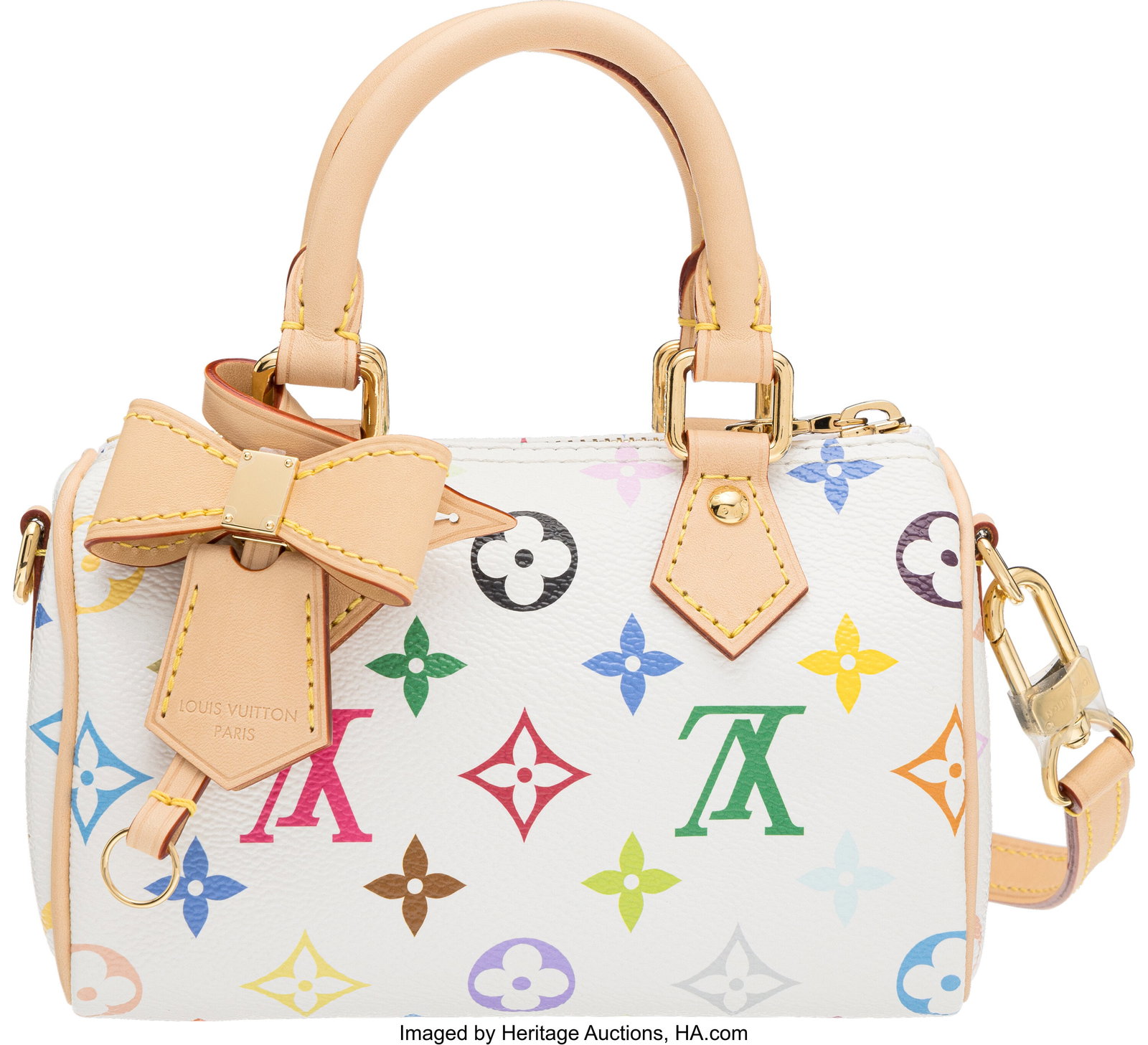 Louis Vuitton x Takashi Murakami White Multicolo: Louis Vuitton x Takashi Murakami White Multicolore Monogram Coated Canvas Nano Speedy 2025 Condition: 1 6.5" Width x 4" Height x 3" Depth This bag is done in White Multicolore Monogram Co