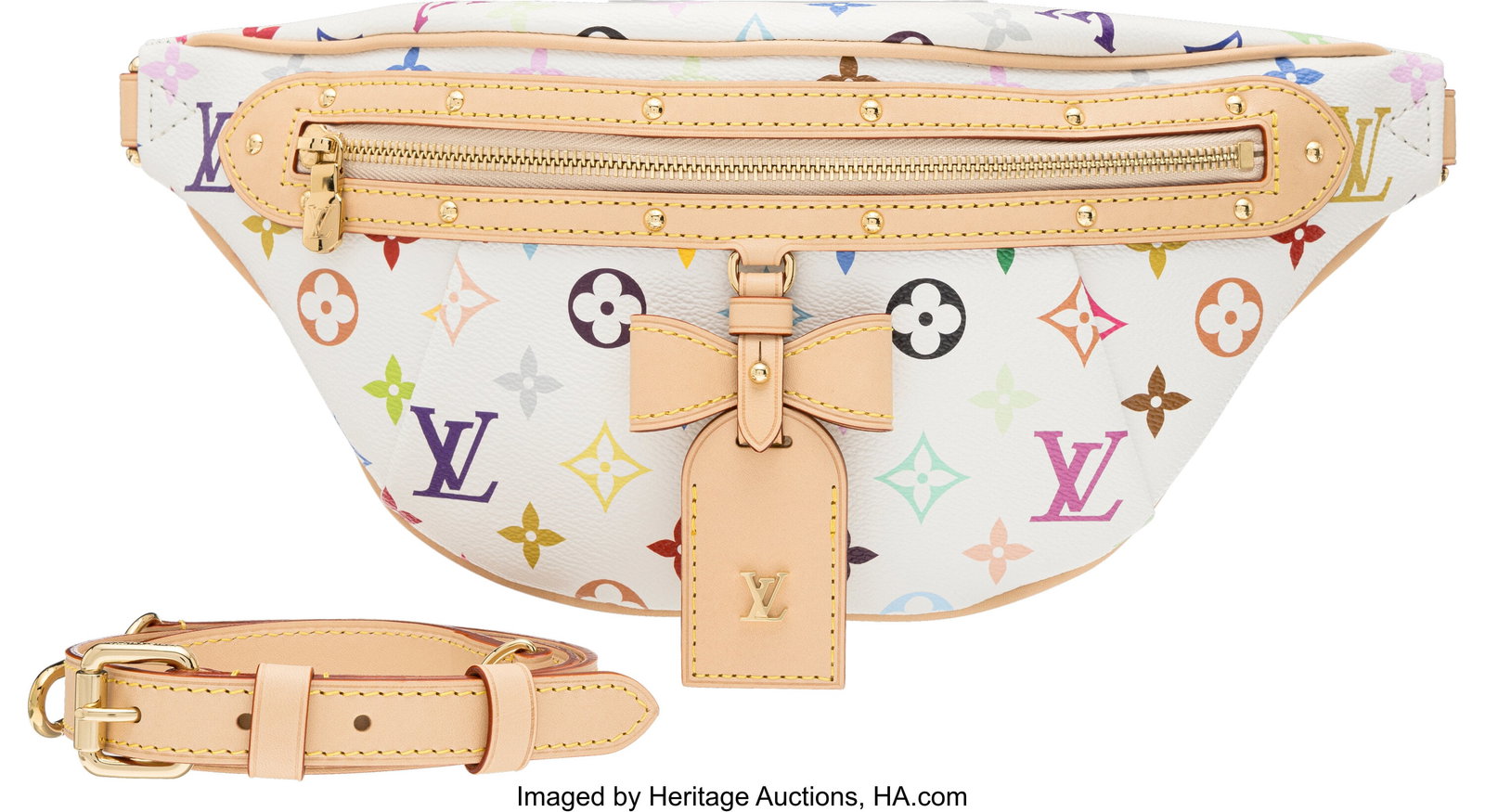 Louis Vuitton x Takashi Murakami White Multicolo: Louis Vuitton x Takashi Murakami White Multicolore Monogram Coated Canvas High Rise Bum Bag with Gold Hardware 2025 Condition: 1 15" Width x 6" Height x 4" Depth This bag is done in White Multic