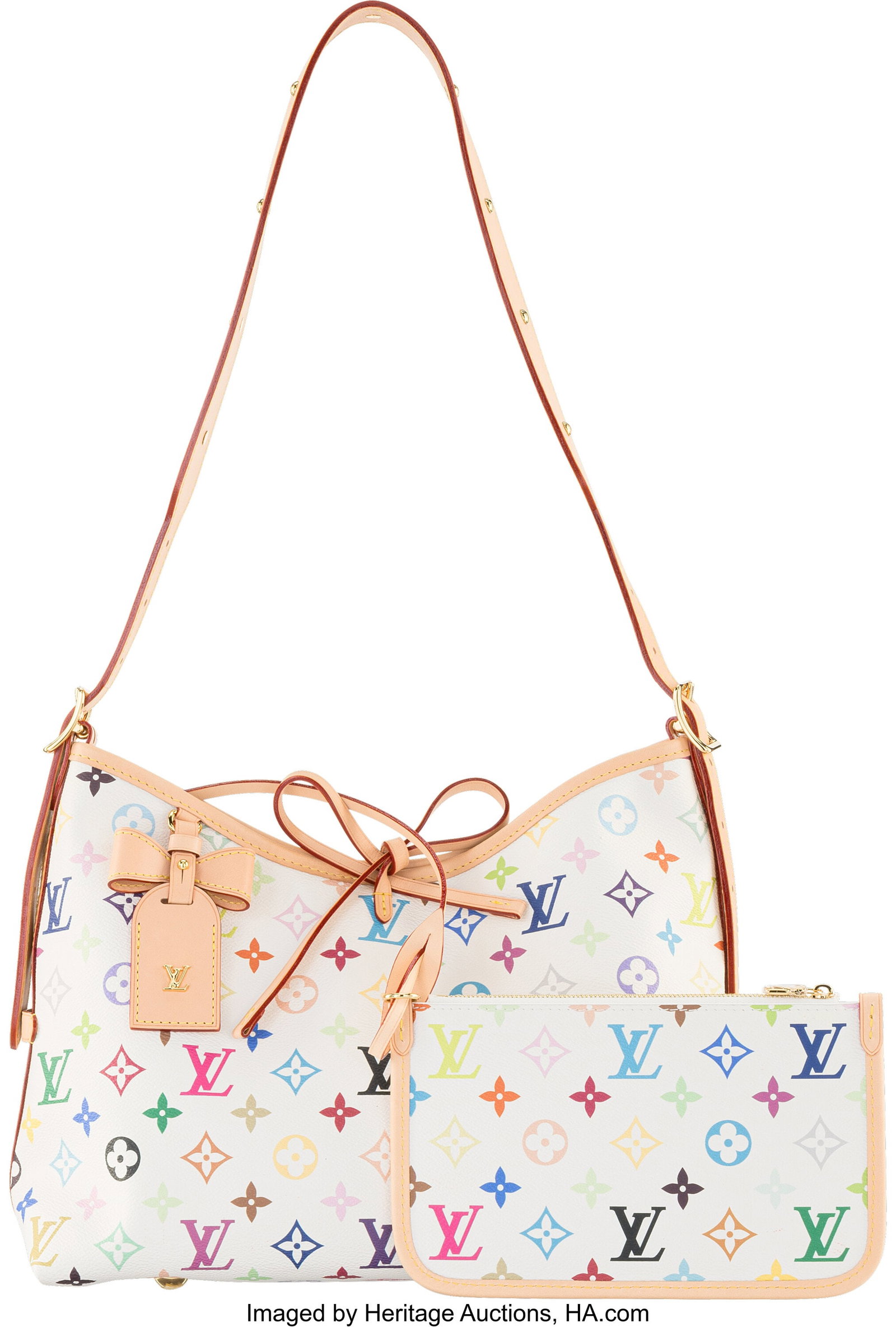 Louis Vuitton x Takashi Murakami Multicolore Mon: Louis Vuitton x Takashi Murakami Multicolore Monogram Coated Canvas Carryall PM 2025 Condition: 1 11.75" Width x 9.5" Height x 5.5" Depth This bag is done in White Multicolo